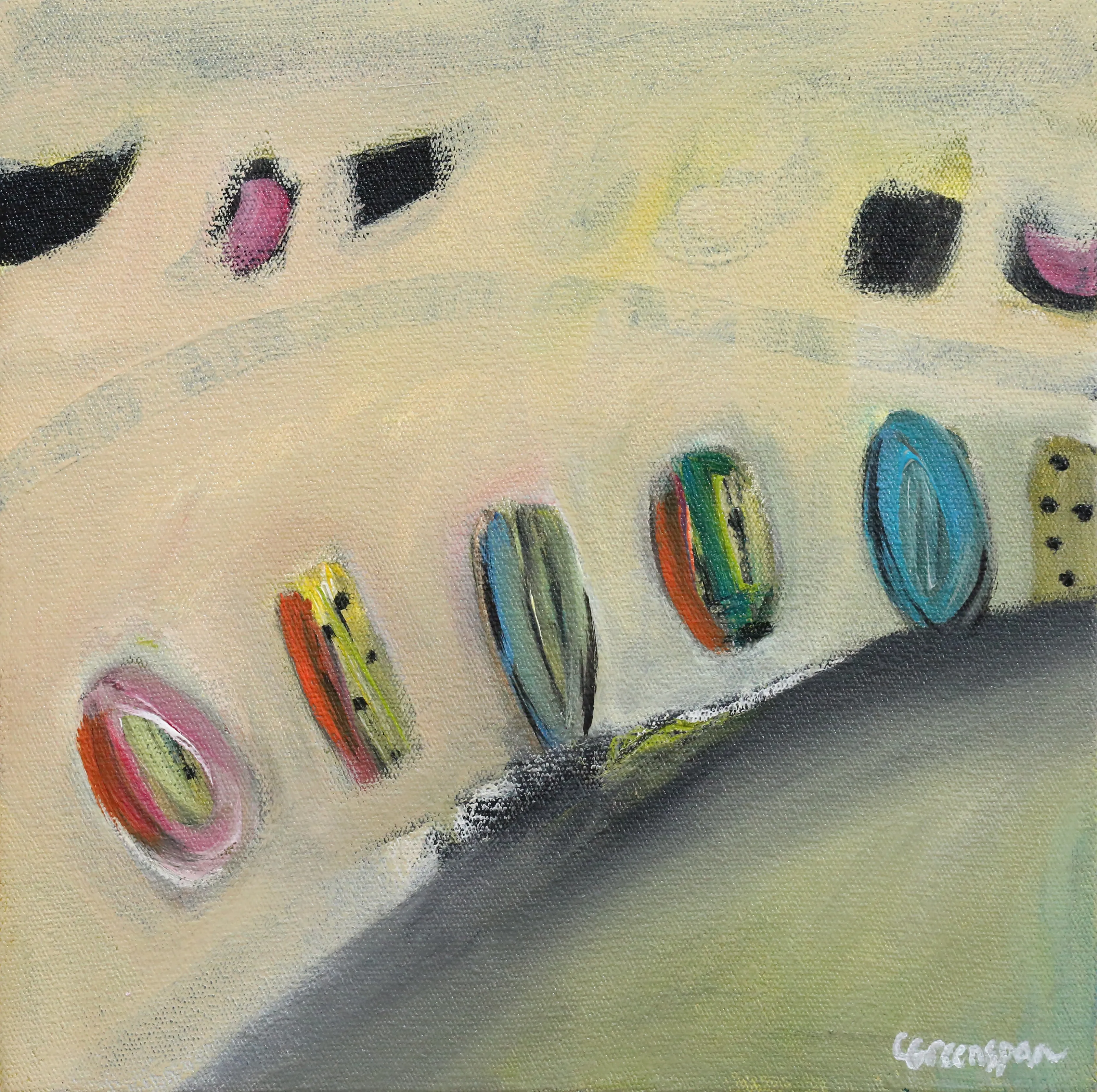 A soft cream and pale-green field scattered with small oval buds in pink, orange, teal and yellow, arranged along gentle curving lines like seeds about to open.