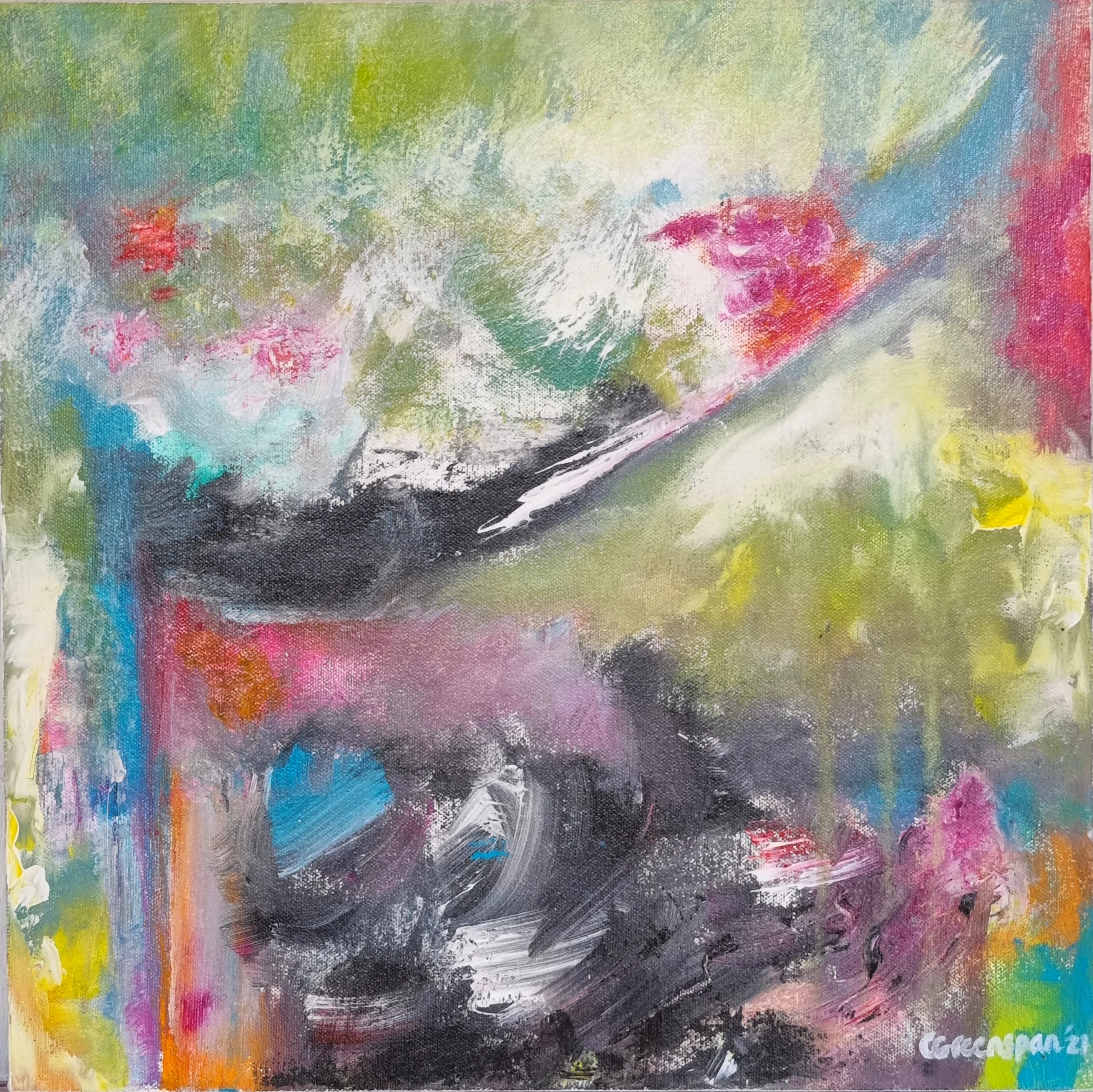 A fresh green and lime hazy field flecked with pink, swept through by a dark charcoal brushstroke and a small cave of blue at the centre, with multicoloured drips along the bottom.