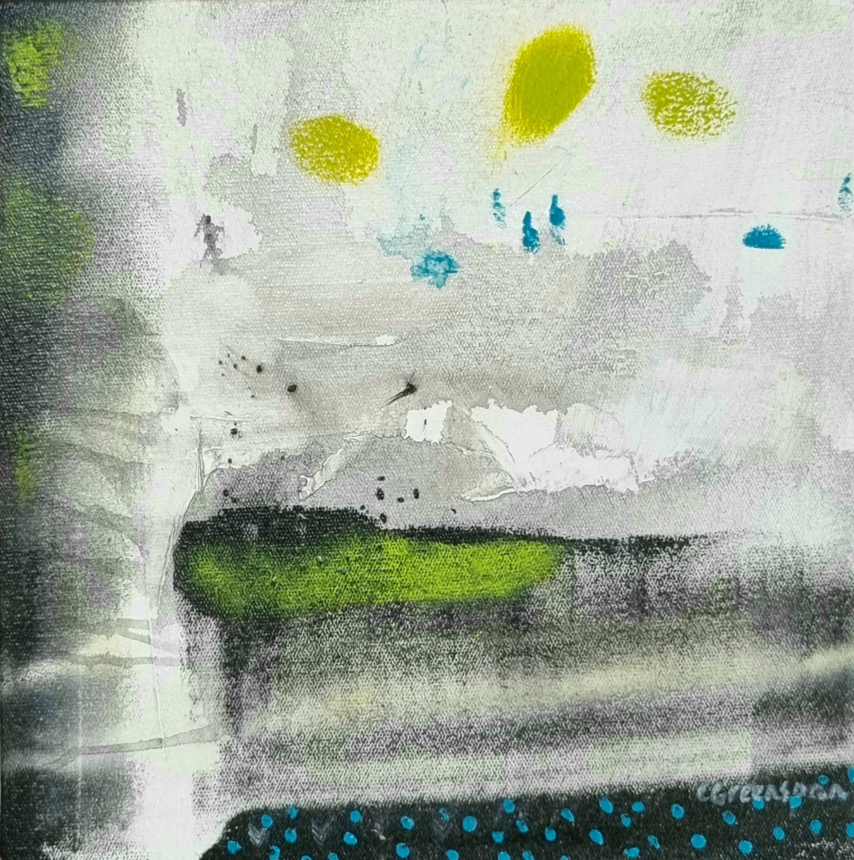 A pale, atmospheric grey-white field with lime-yellow orbs drifting near the top, small blue dashes, a green smear across the middle and a charcoal band of turquoise dots along the bottom.