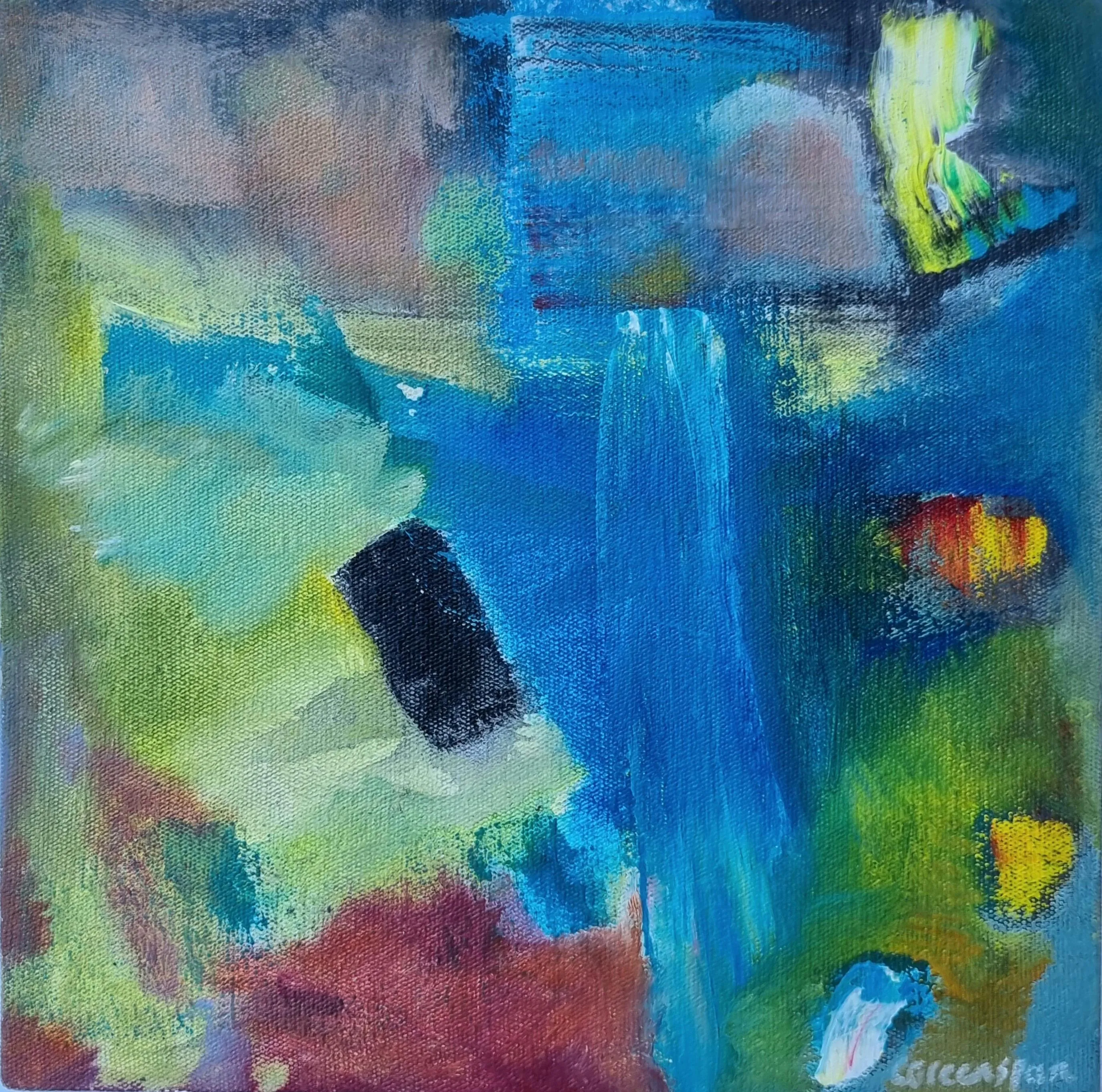 A luminous abstract in cool blues, teal and lime green, with a broad turquoise sweep falling through the centre and warm flecks of red-orange and yellow above a small black block and a rust-red pool below.