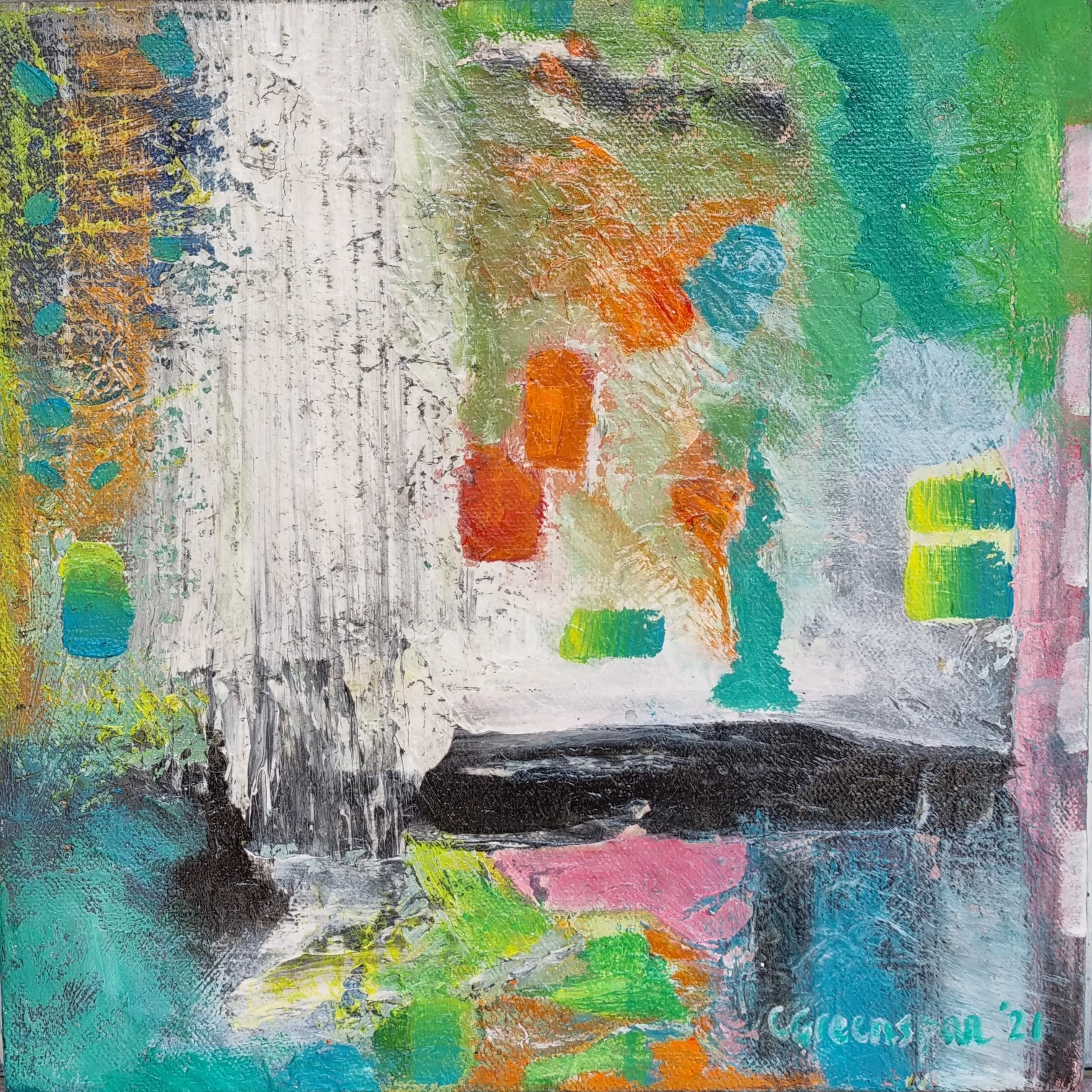 A bright patchwork with a pale scraped column down the centre, surrounded by blocks of orange, lime green, teal and blue, a black horizontal bar low in the middle and a soft pink edge at right.