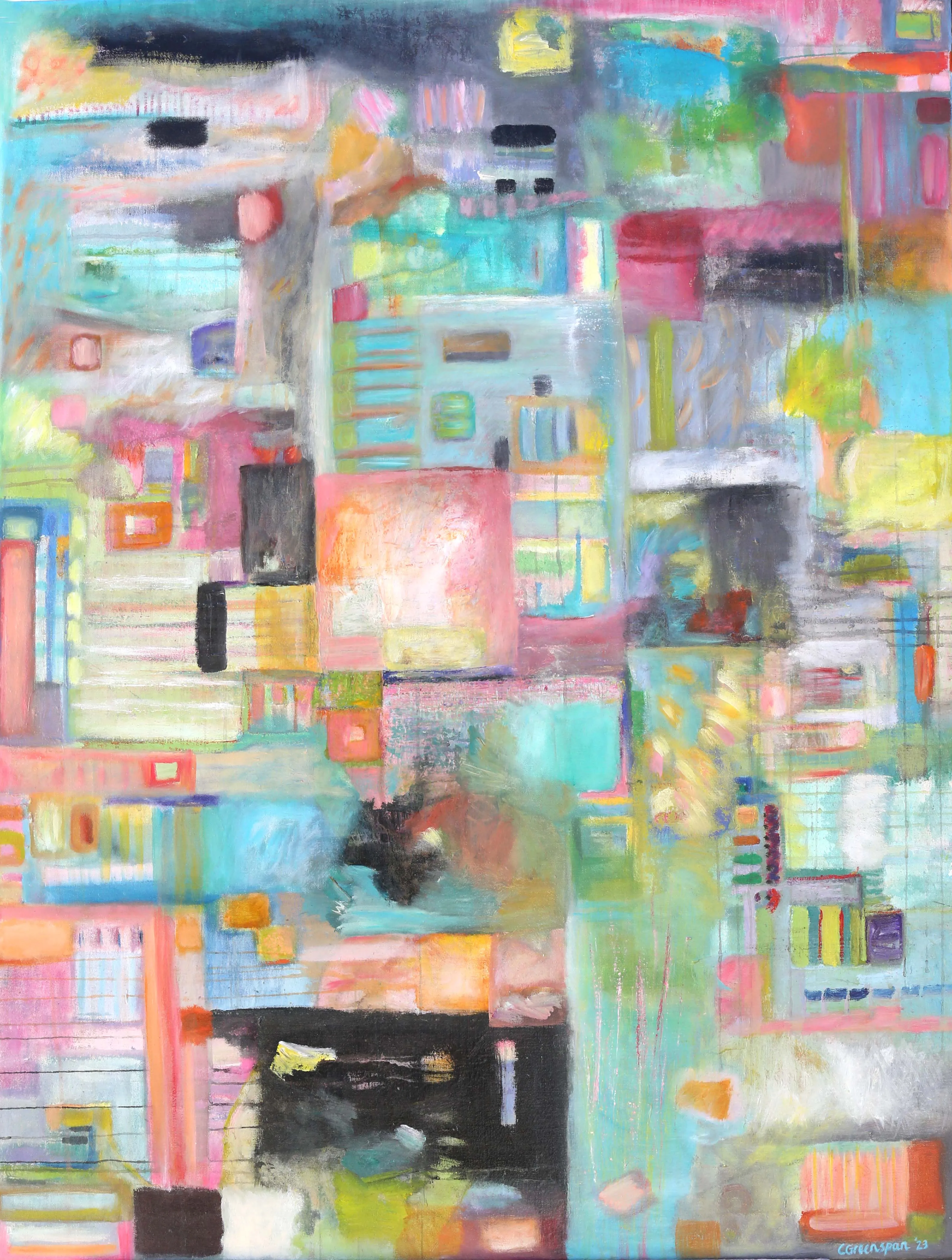 A vibrant pastel mosaic of turquoise, pink, lime and yellow blocks layered like a sunlit quilt or a city seen from above, patches of coral and gold surfacing through the weave.