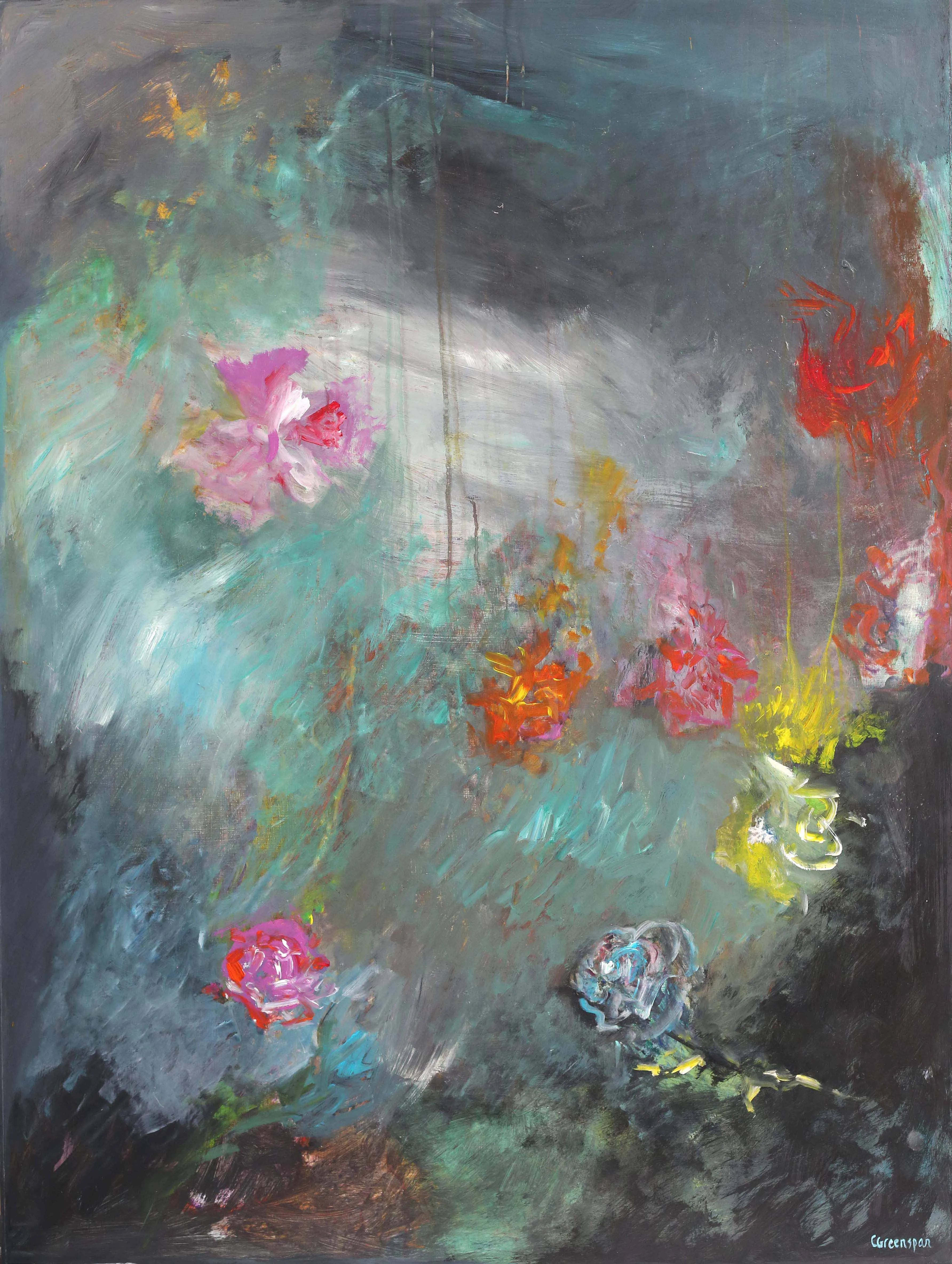 Misty teal and grey-green ground from which blooms of pink, red, orange and yellow emerge like flowers surfacing through fog, brightest at the centre and dissolving into shadow at the edges.