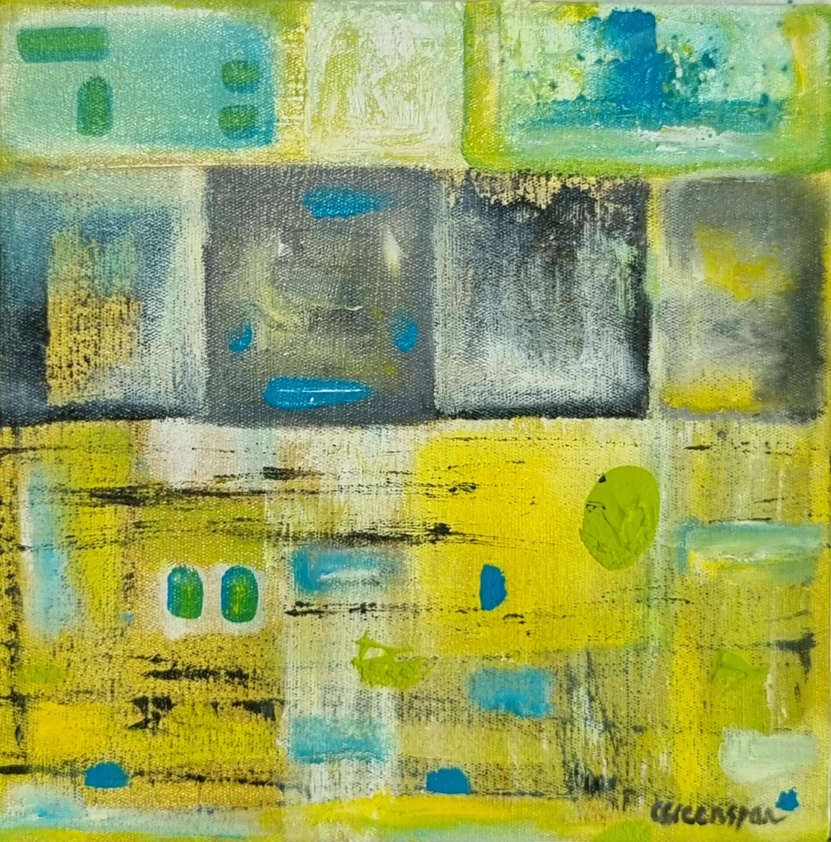 A sunlit mosaic of chartreuse-yellow and grey-blue squares with teal dabs and scratchy black lines, the rectangles overlapping like little lit windows.