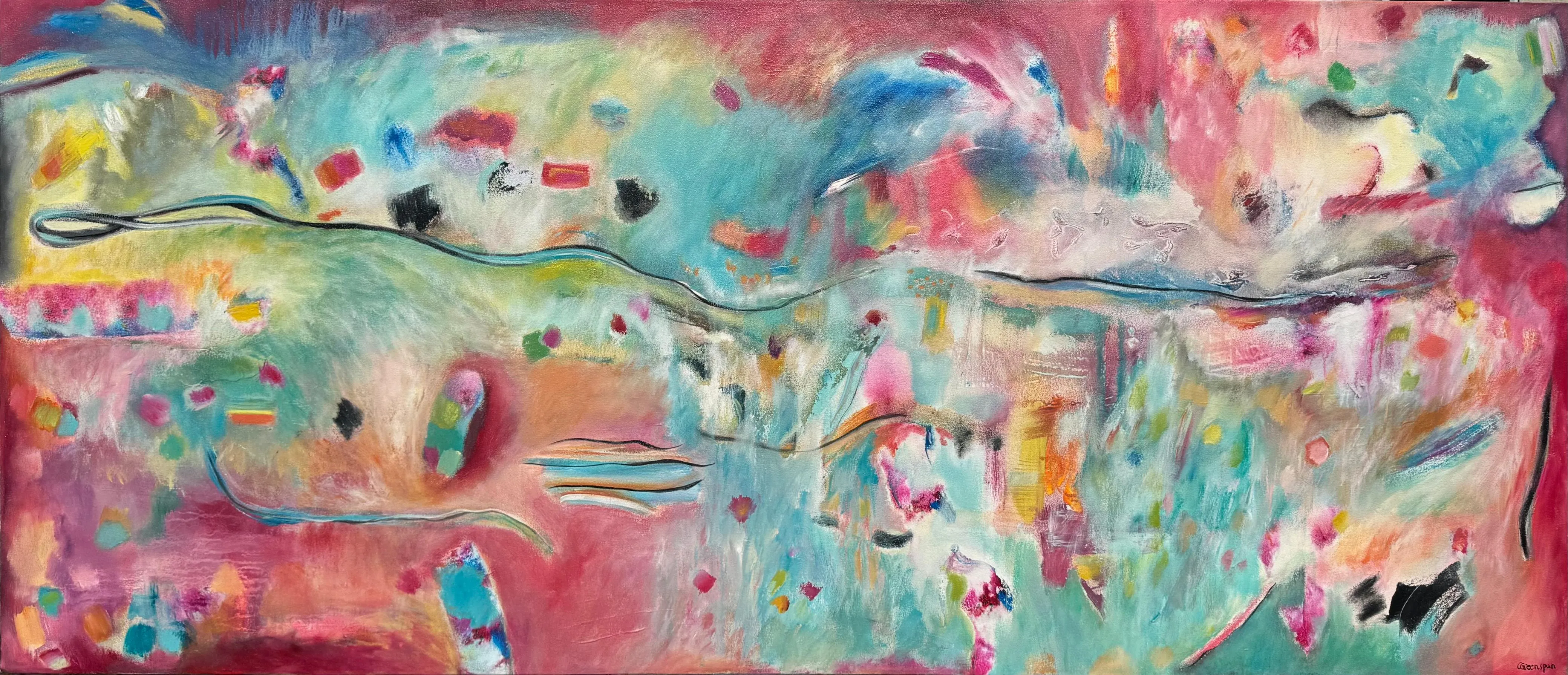 A wide, dreamy panorama of rose-pink and turquoise washes scattered with confetti-bright dabs and soft cloud-like forms, drifting between warm and cool.