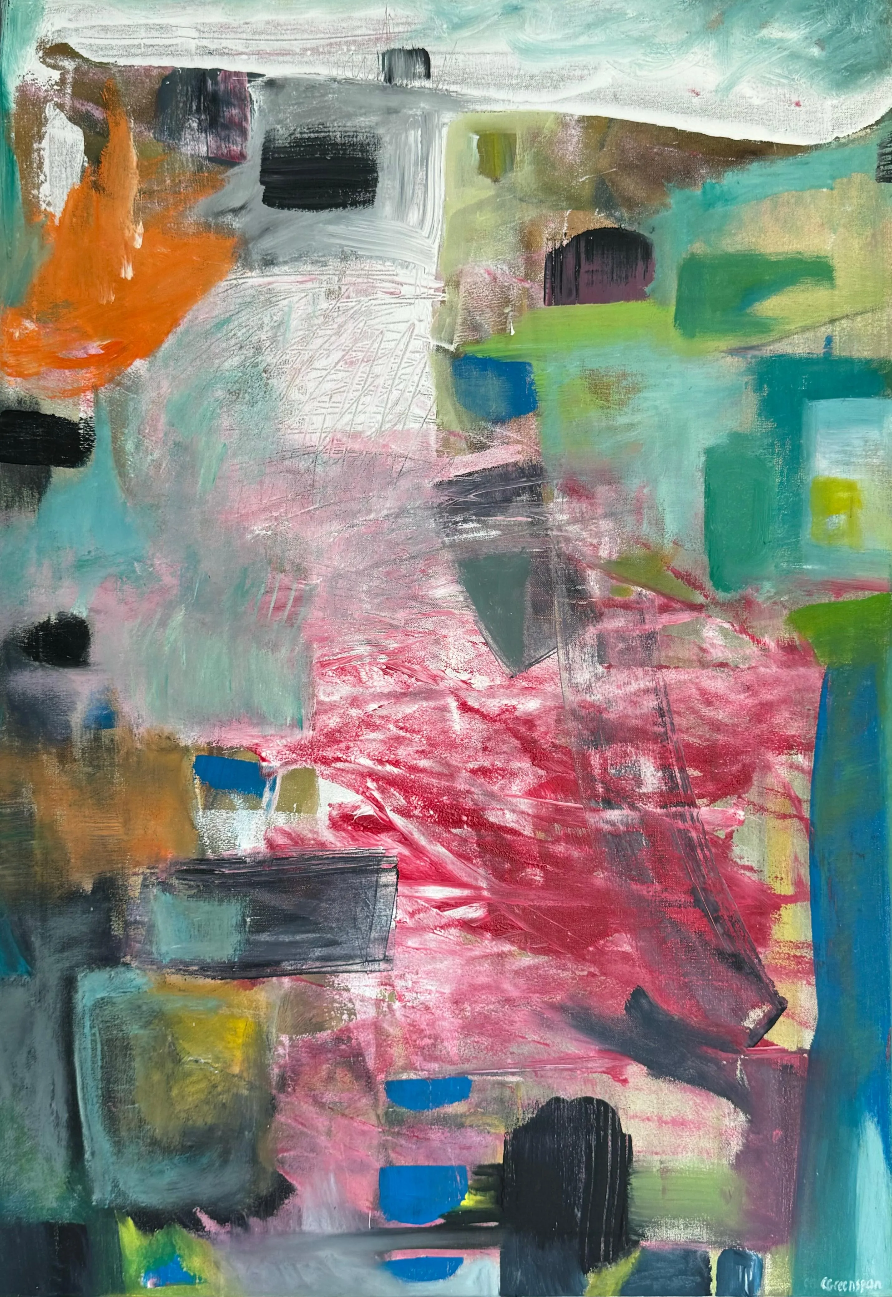 A busy, layered composition with an orange splash at the upper left, a scumbled diagonal of magenta and pink through the centre, olive and ochre blocks, scattered blue and green dabs and a scraped pale passage cutting down the middle.