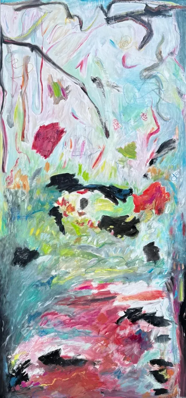 A wide horizontal canvas that moves from dense pinks, reds and black gestures at the left into an airy pale aqua and white expanse scattered with black calligraphic strokes and small darts of green and red.