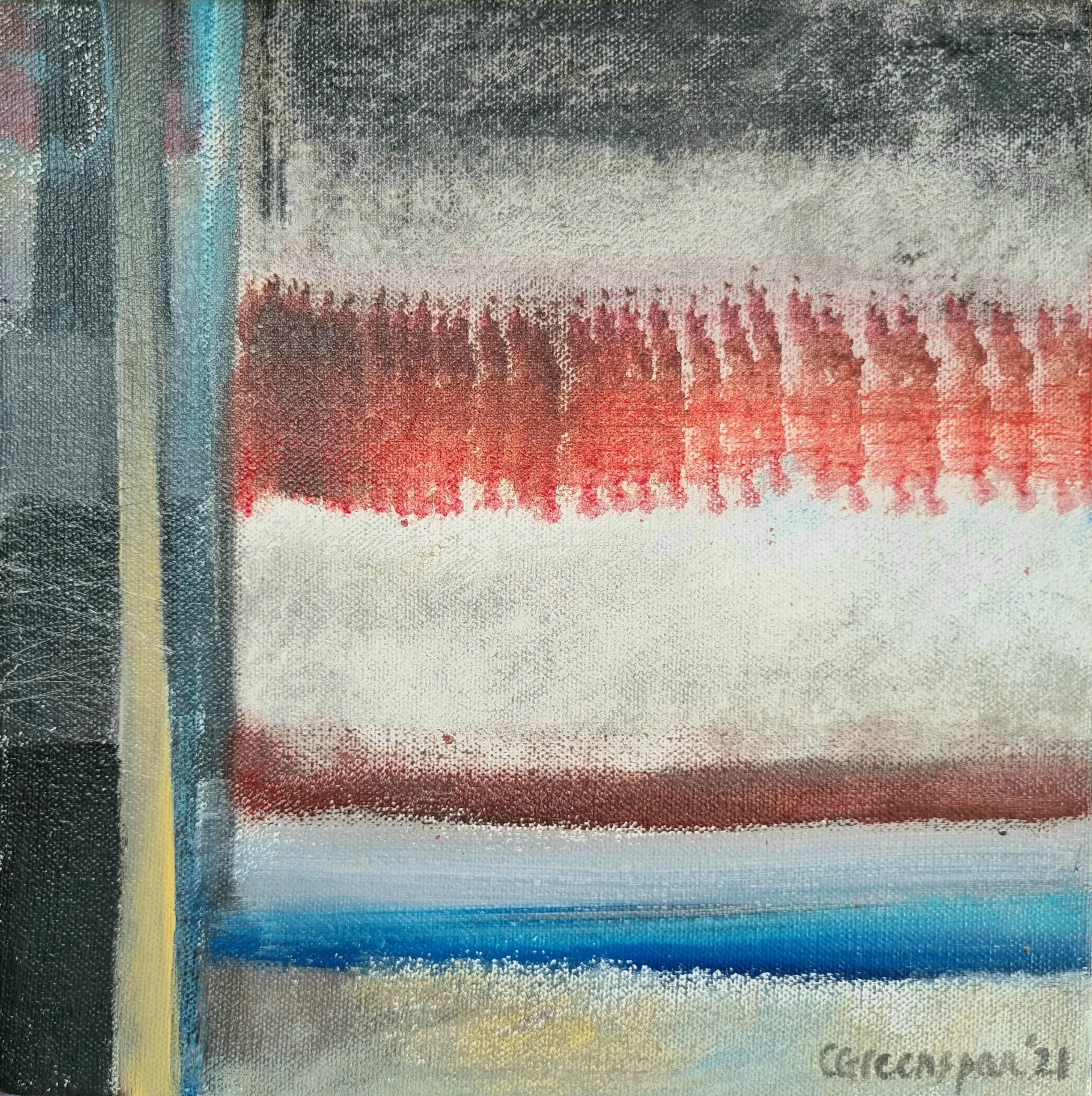 Layered horizontal bands like a worn horizon: misty grey above, a comb of red marks, a white middle, a rust band and a strip of blue below, with a yellow-and-blue bar standing at the left.