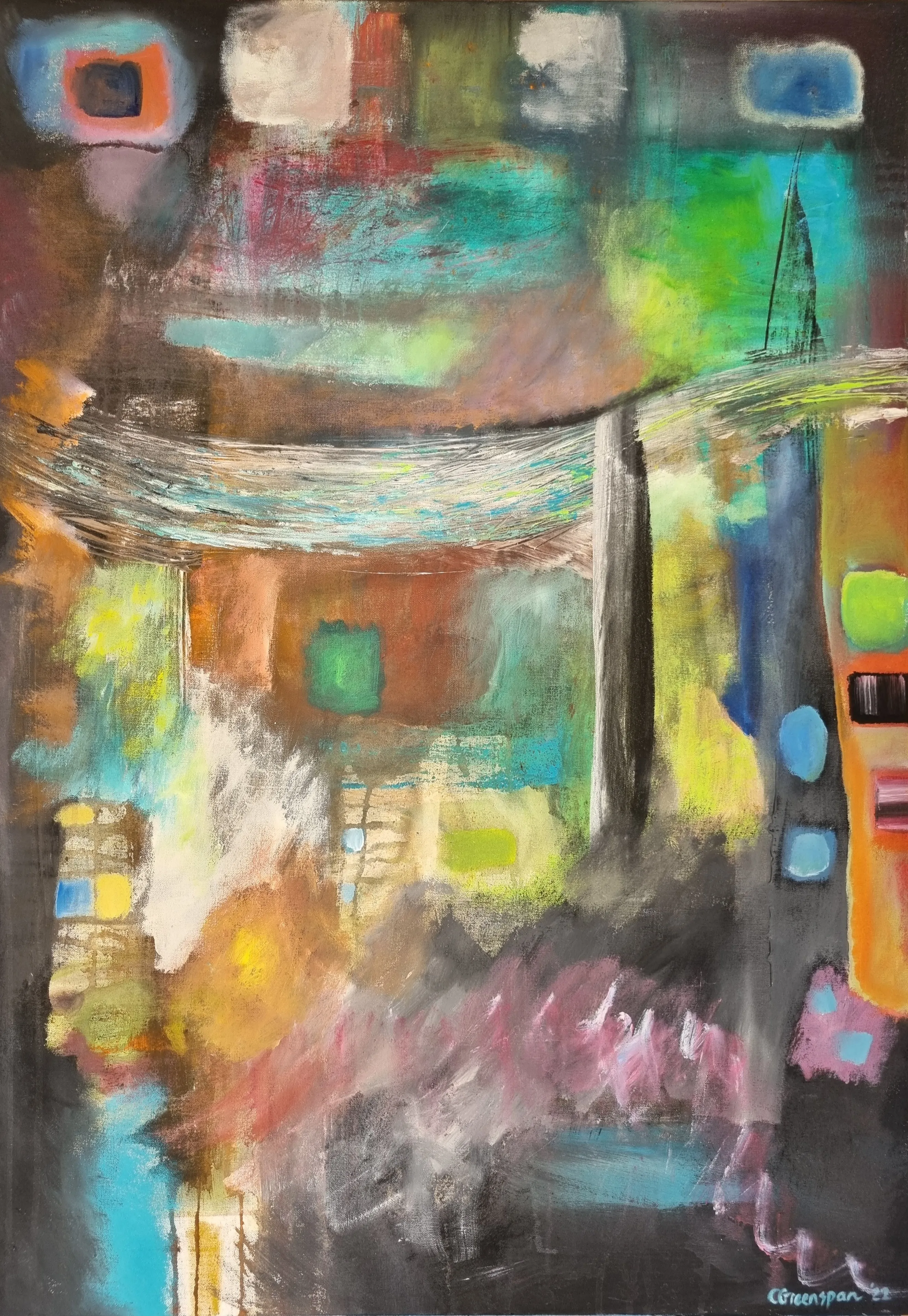 A dark ground set with jewel-like squares of turquoise, yellow and ochre like little lit windows, a sweeping pale dry-brushed arc across the upper third and a band of pink scribble below, flecked with blue and orange dots.