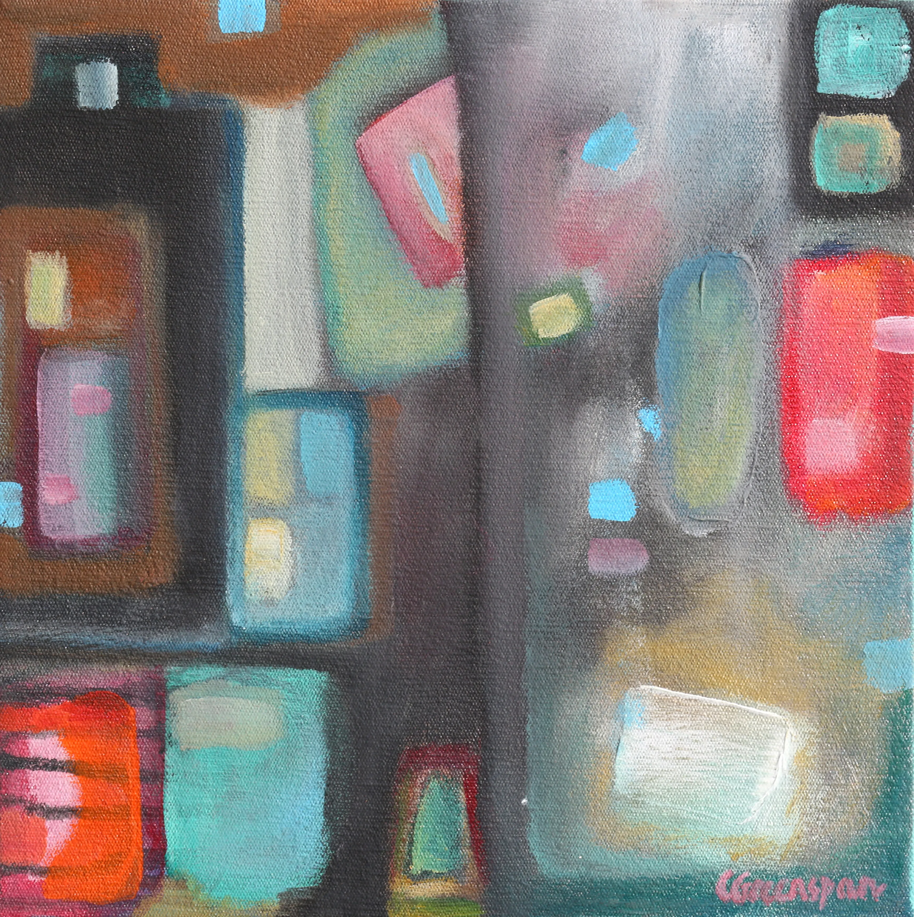 A deep charcoal-grey ground lit with jewel-like squares of teal, red, ochre and blue, each glowing like a small window or door waiting to be opened.