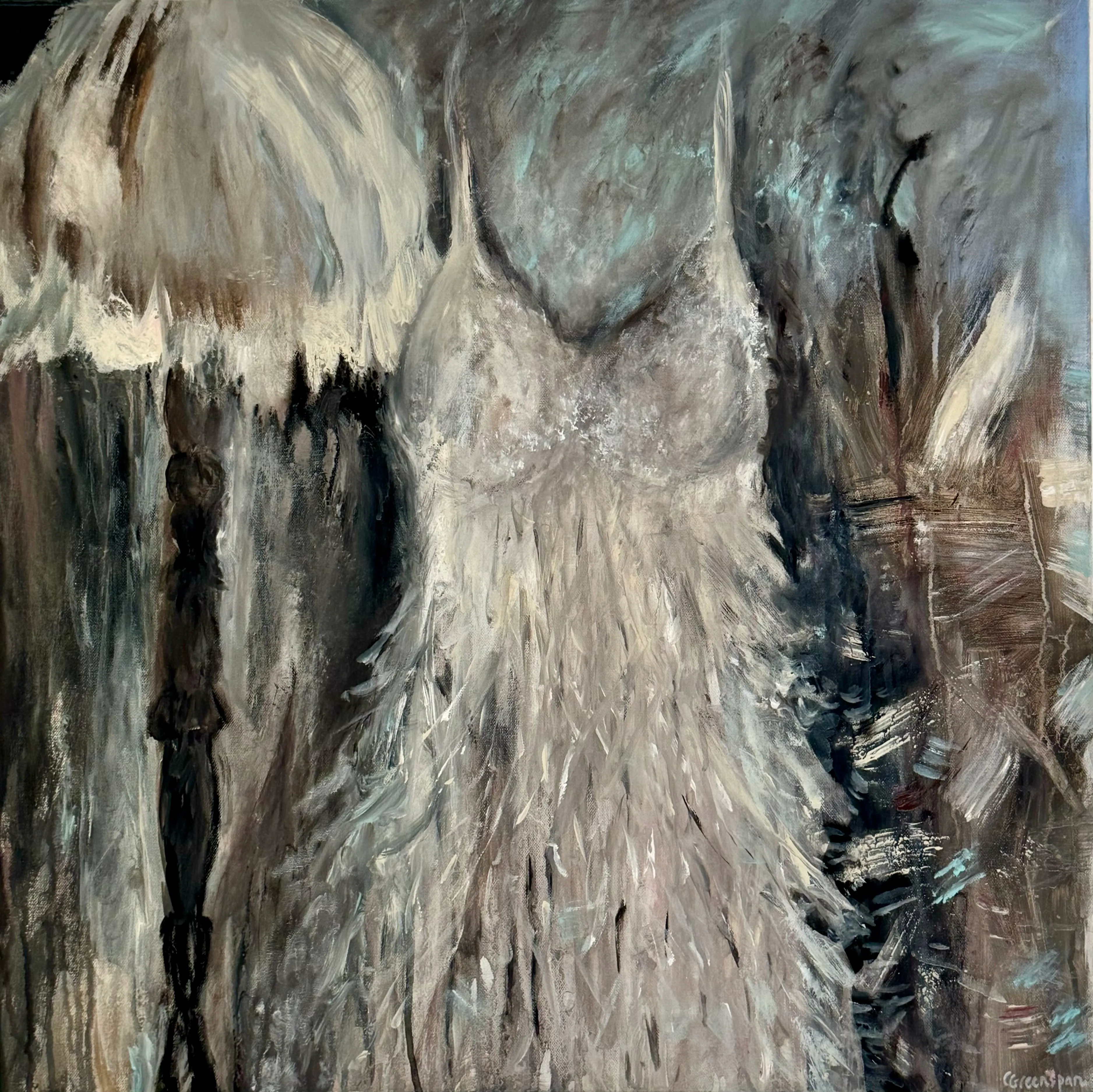 A pale, feathered slip-dress emerging from a dark, atmospheric ground of grey, taupe and charcoal, the skirt dissolving into soft plumes of white brushwork with faint hints of teal.