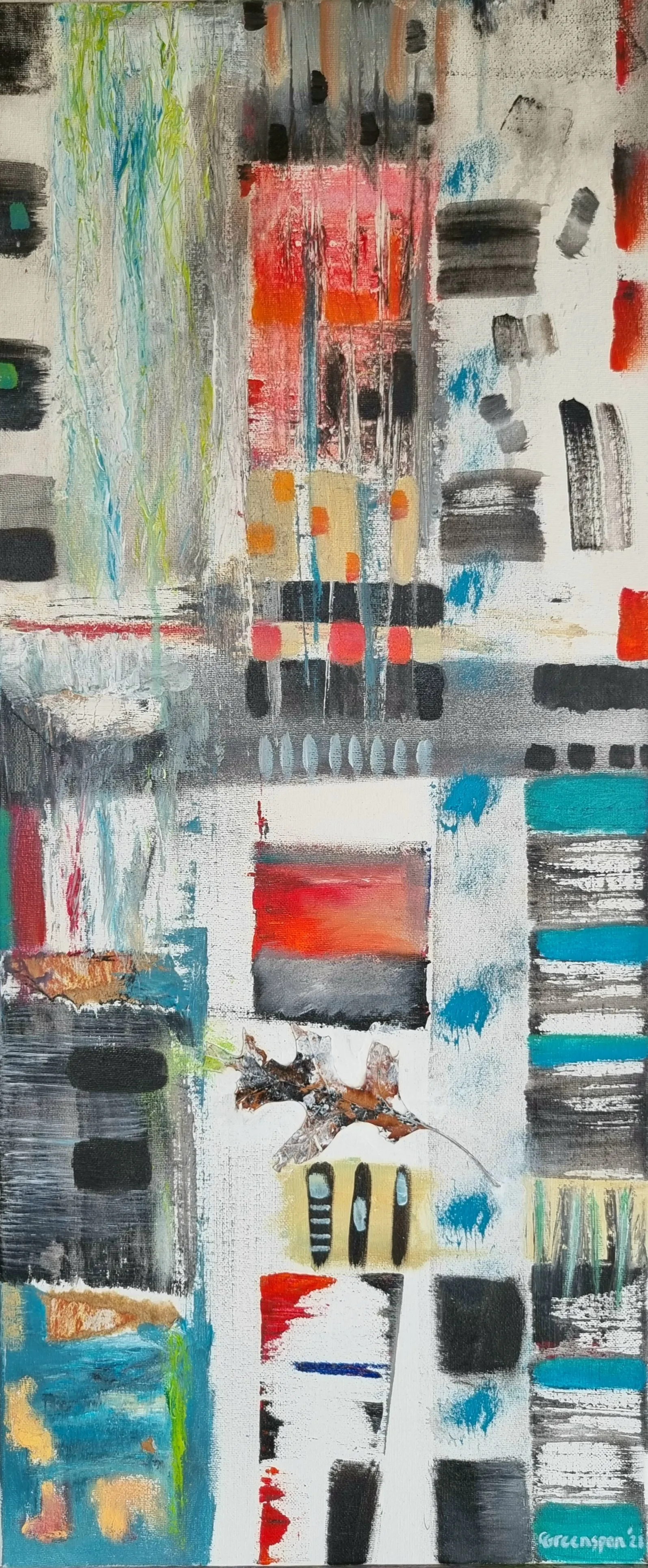 A tall, lively grid of red, teal, black and ochre blocks with drips and a red rectangle near the centre, scattered with turquoise dabs and black dashes - a joyful patchwork.