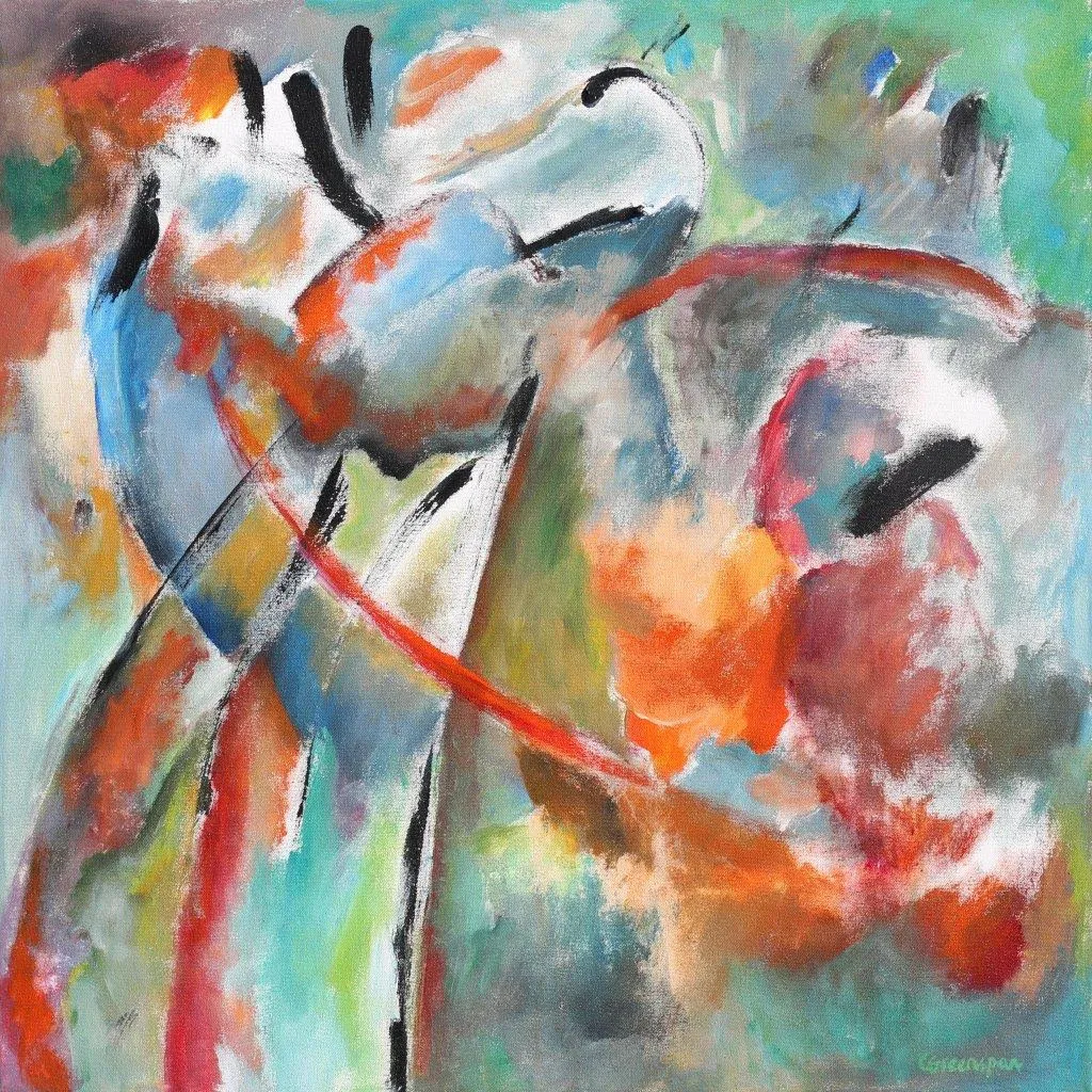 A lyrical swirl of soft blues, corals and warm oranges over a green-grey ground, swept through by sweeping arcs of red and black brushwork that feel caught mid-movement.