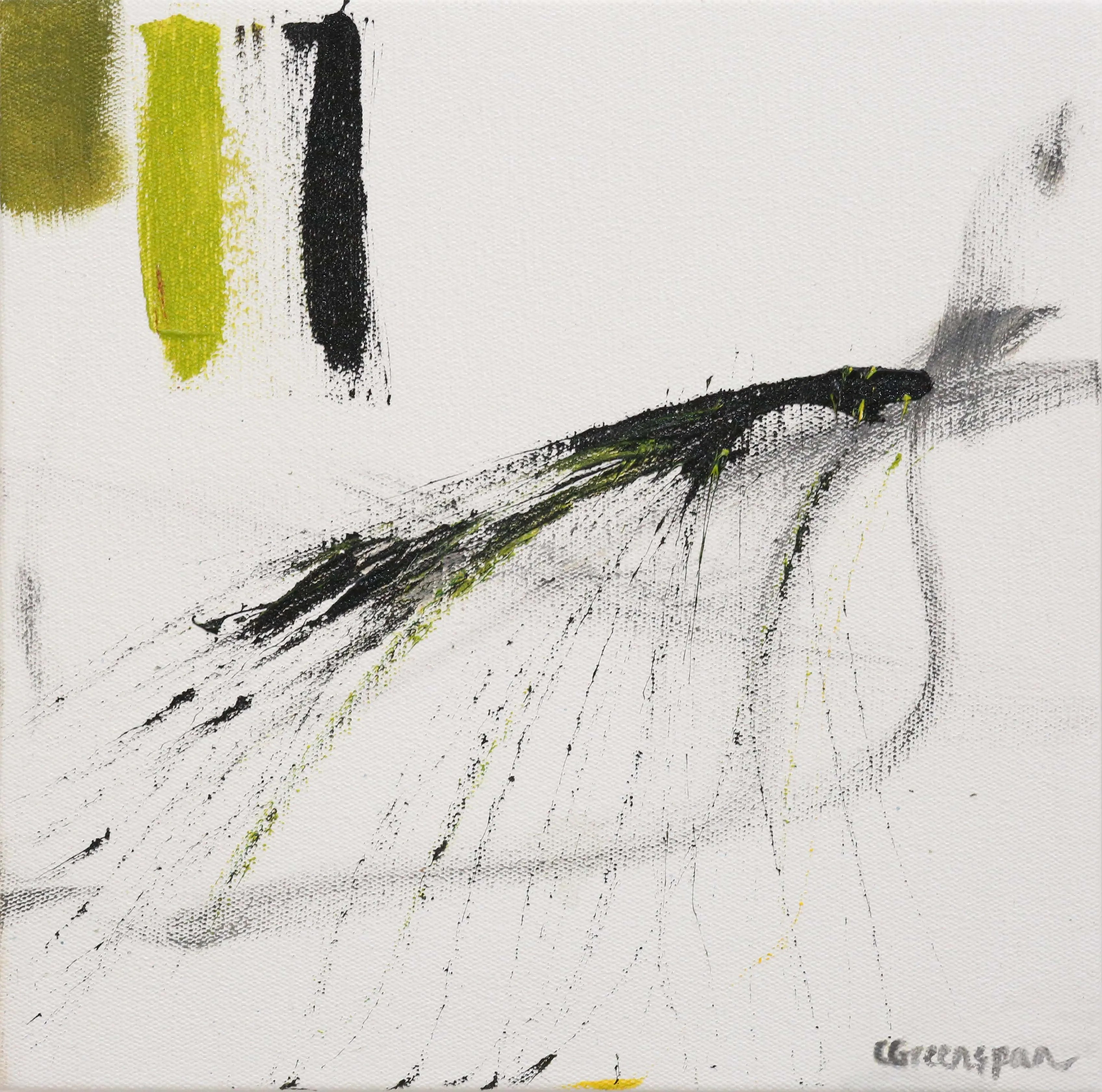 A spray of black calligraphic marks lifts and scatters across a white ground like a bird taking off, with a block of lime green and black at the upper left.