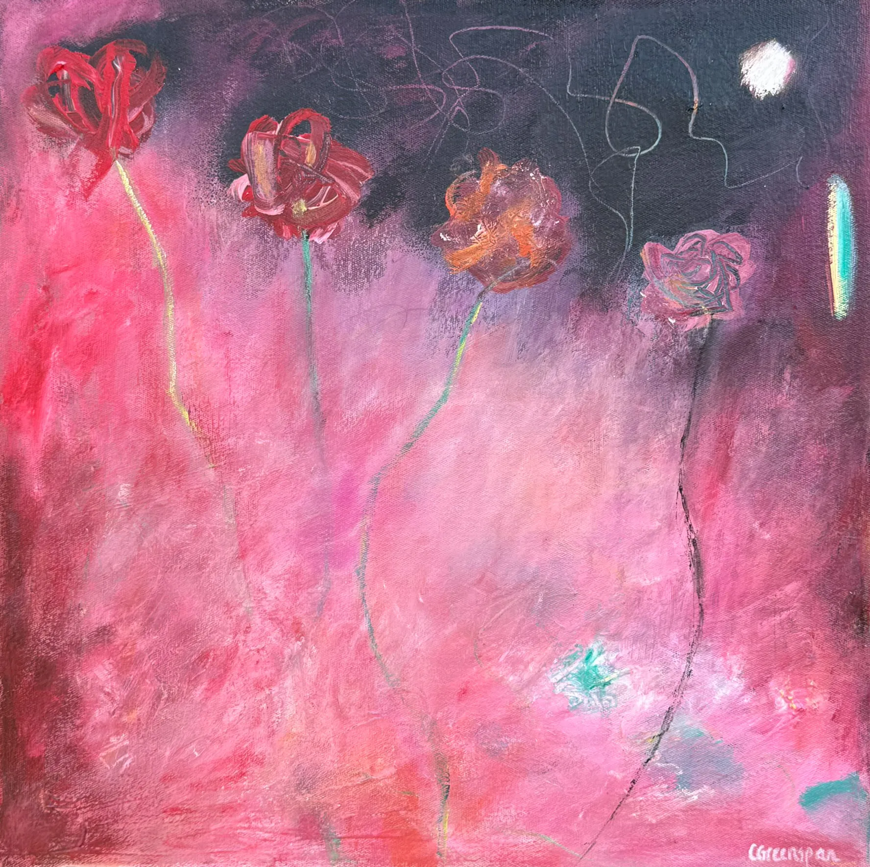 A rose-pink atmospheric field holding four loose poppy-like blooms on slender stems, set against a darker upper sky with a small round white moon and a single fleck of teal.
