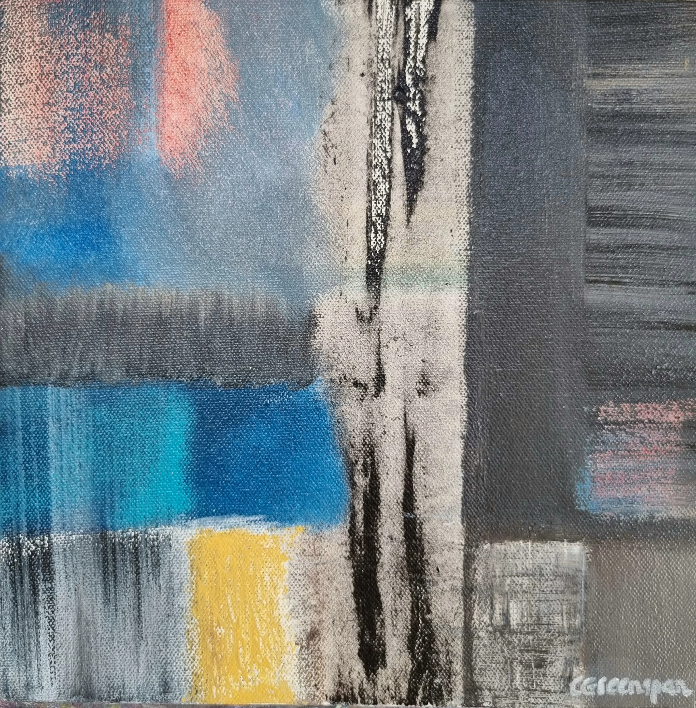 A blue field with a soft pink cloud at the upper left, a strong black dripping stripe down the centre, a grey panel at the right and a block of yellow with turquoise at the lower middle.