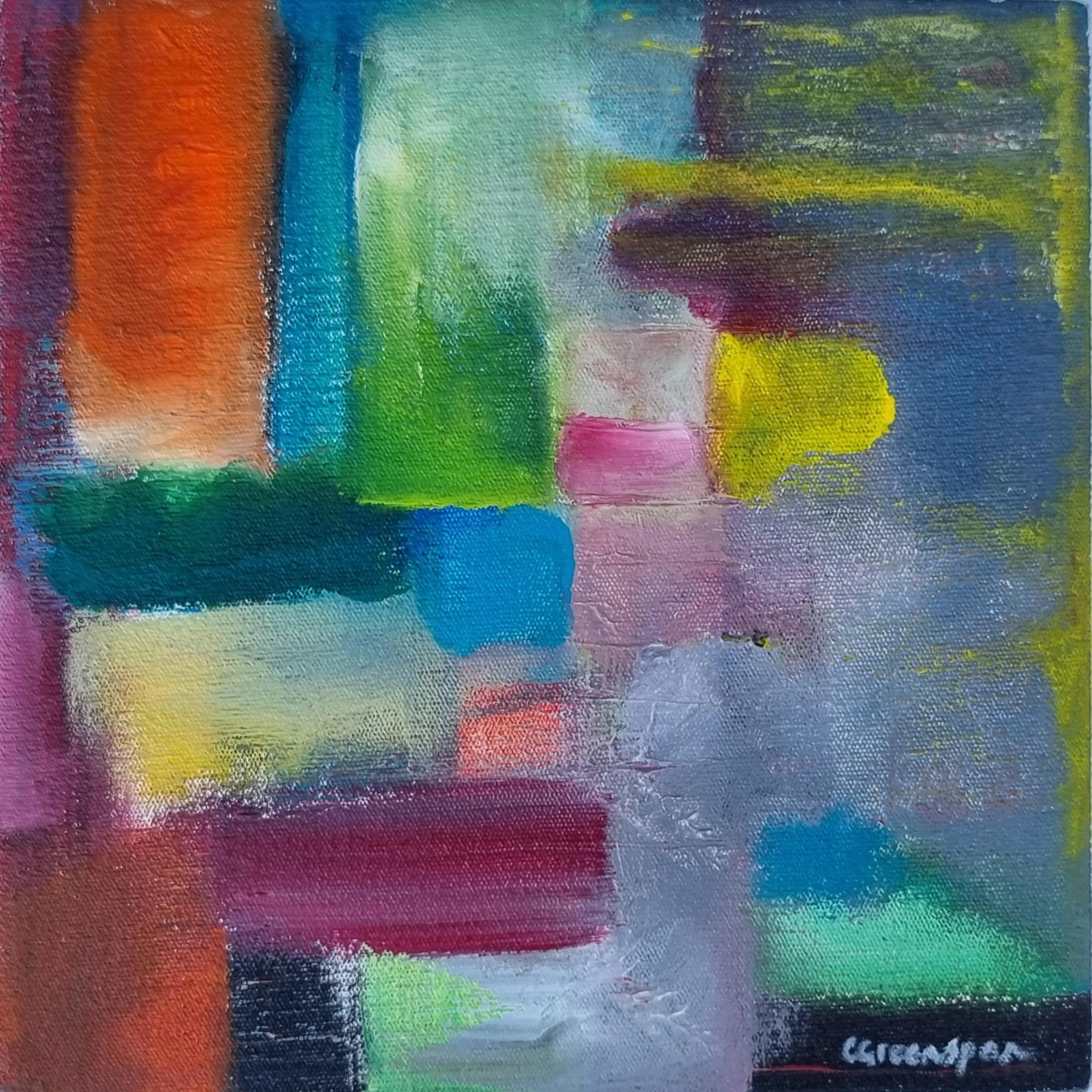 An abstract patchwork of soft-edged rectangles in orange, teal, green, pink and yellow set against cooler greys and blues, the blocks flowing gently into one another.