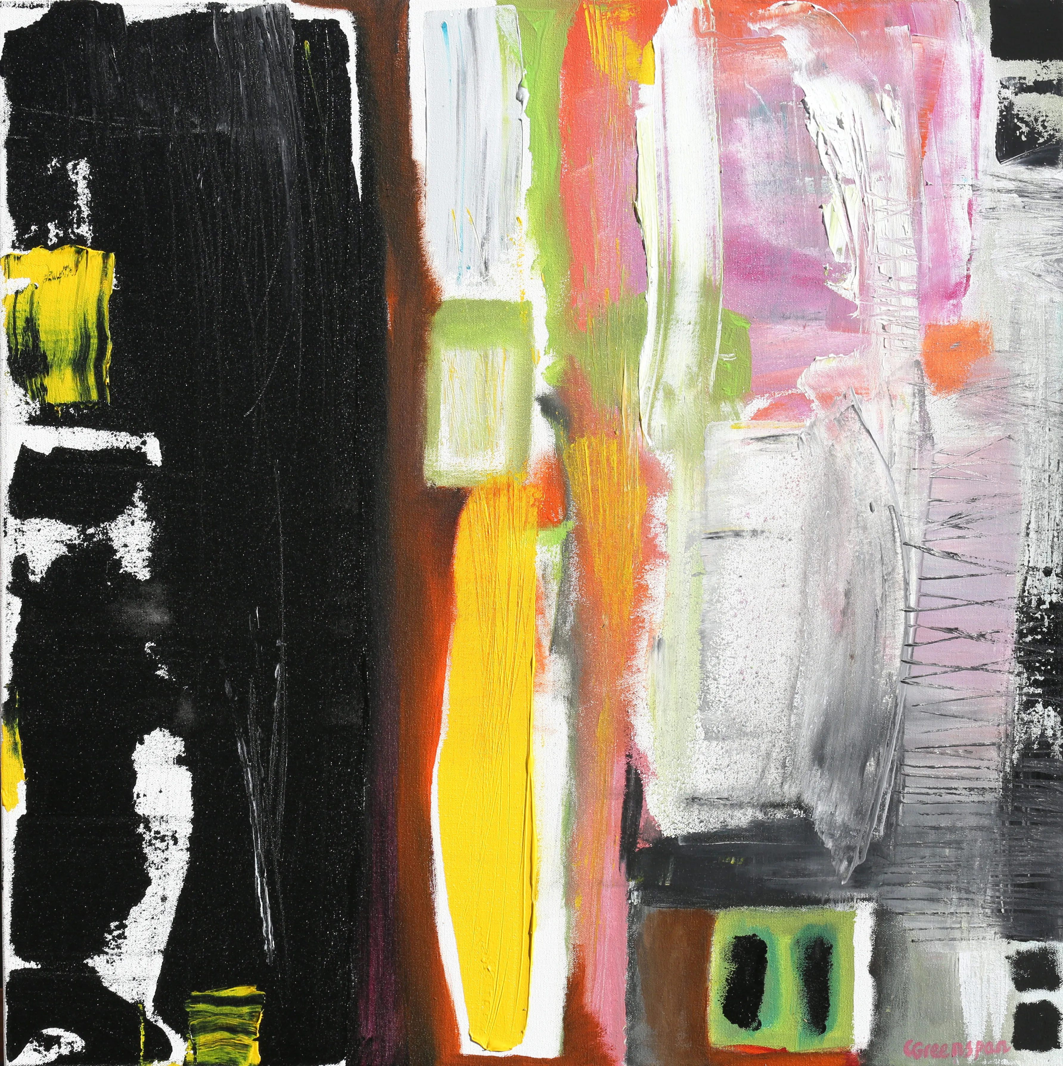 Strong black blocks at the left meet a vivid yellow vertical, with soft pink, lime and orange - bold opposites holding together on a white ground.