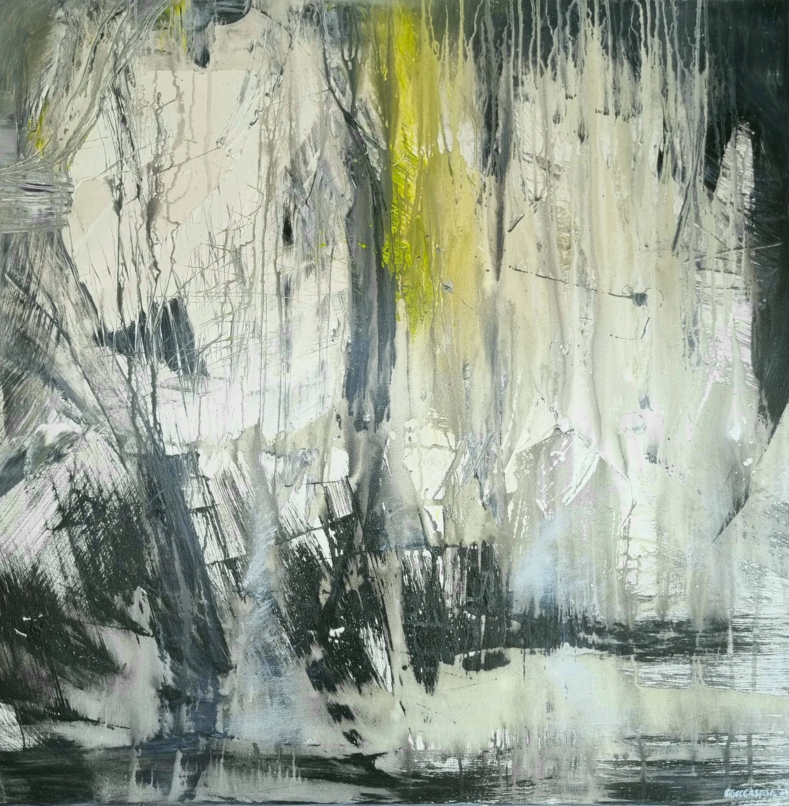 A tall, heavily textured surface in cream, charcoal and silver, scratched and scored throughout, with a single vertical stroke of acid yellow falling like light through the broken layers.