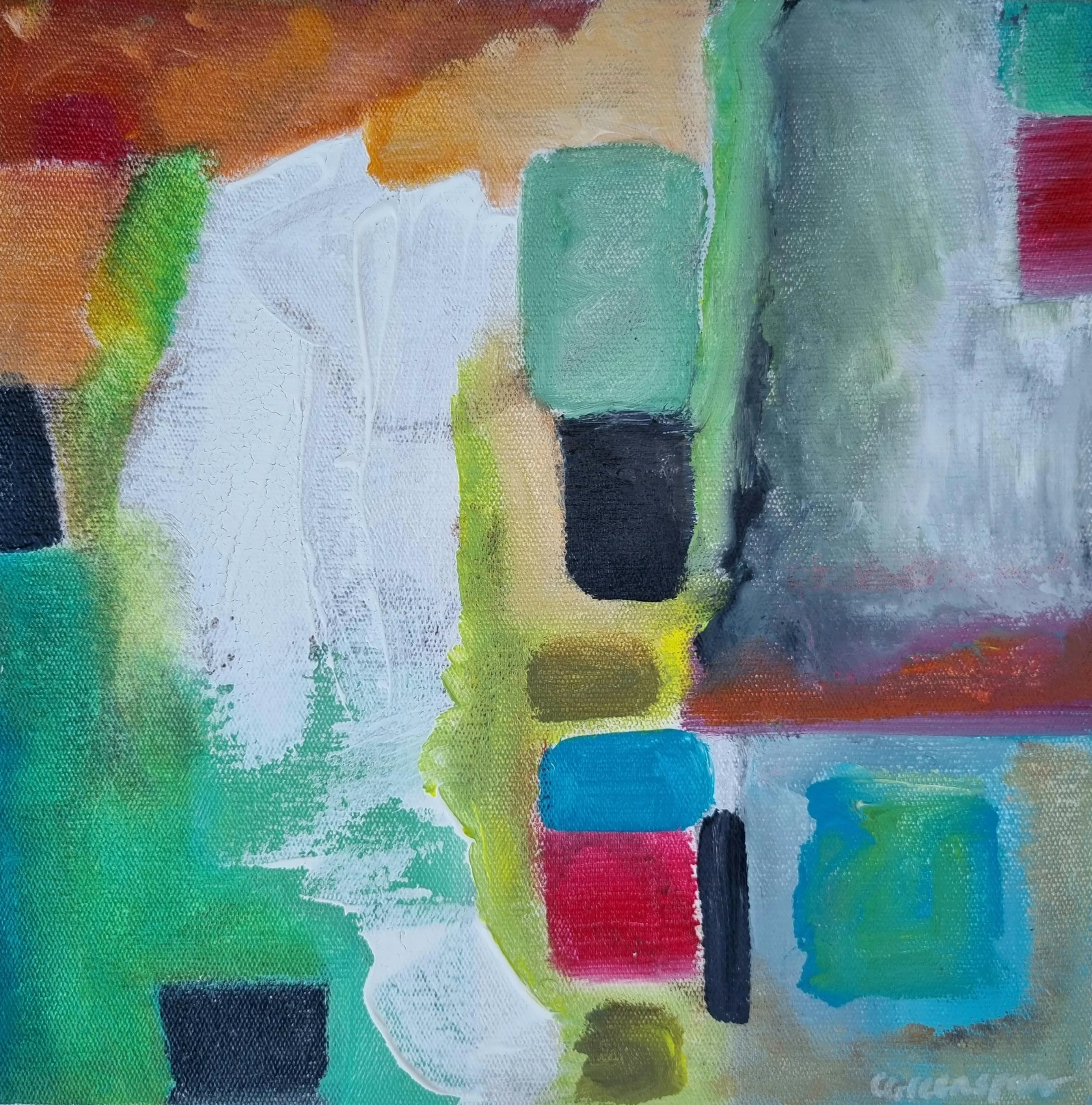 An airy, light-filled abstract of white and cream with soft greens and teal, a warm ochre band across the top, punctuated by blocks of mint green, black, magenta and blue.