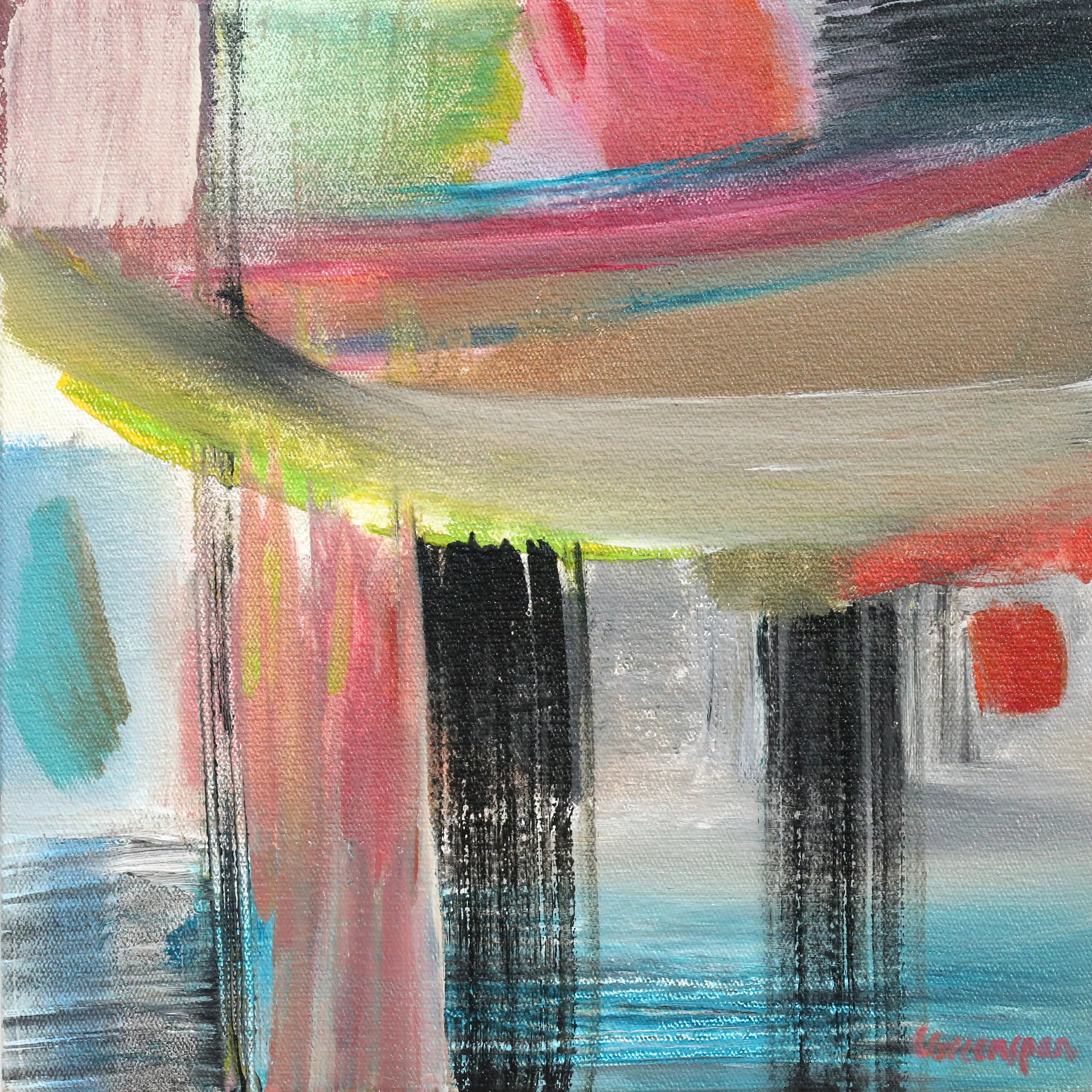 Soft arcs of coral, pink and lime sweep across the top over black vertical drips, with a base of blue and teal - bright energy held by dark, steady roots.