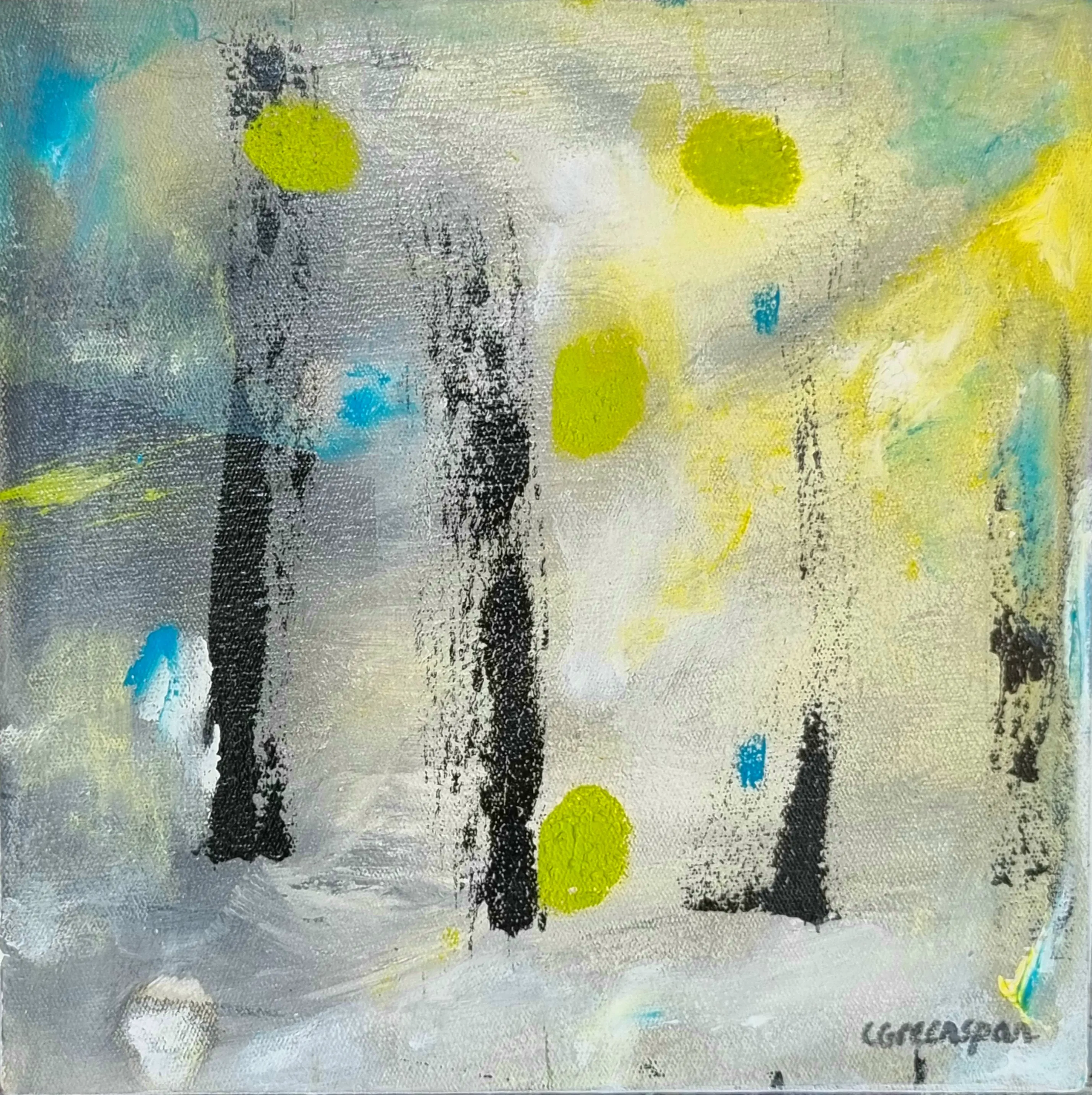 A misty silver-grey field with vertical black brushstrokes standing like slender trunks, scattered lime-green orbs and small blue flecks, lit by a soft yellow glow at the upper right.