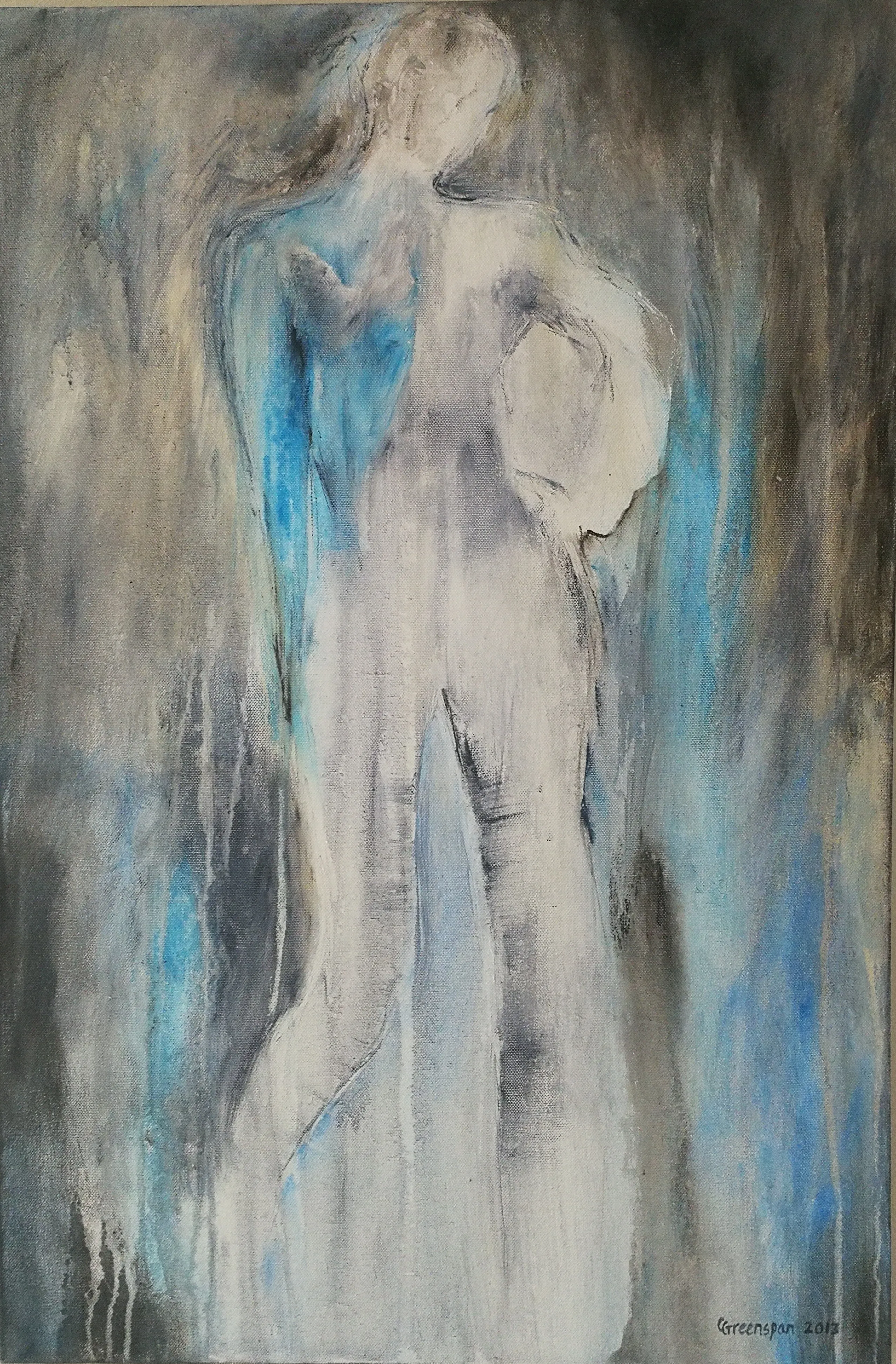 A soft, atmospheric figure study of a standing nude rendered in muted greys, blues and cream, the paint thinned to drips, the body emerging tenderly from a hazy ground.
