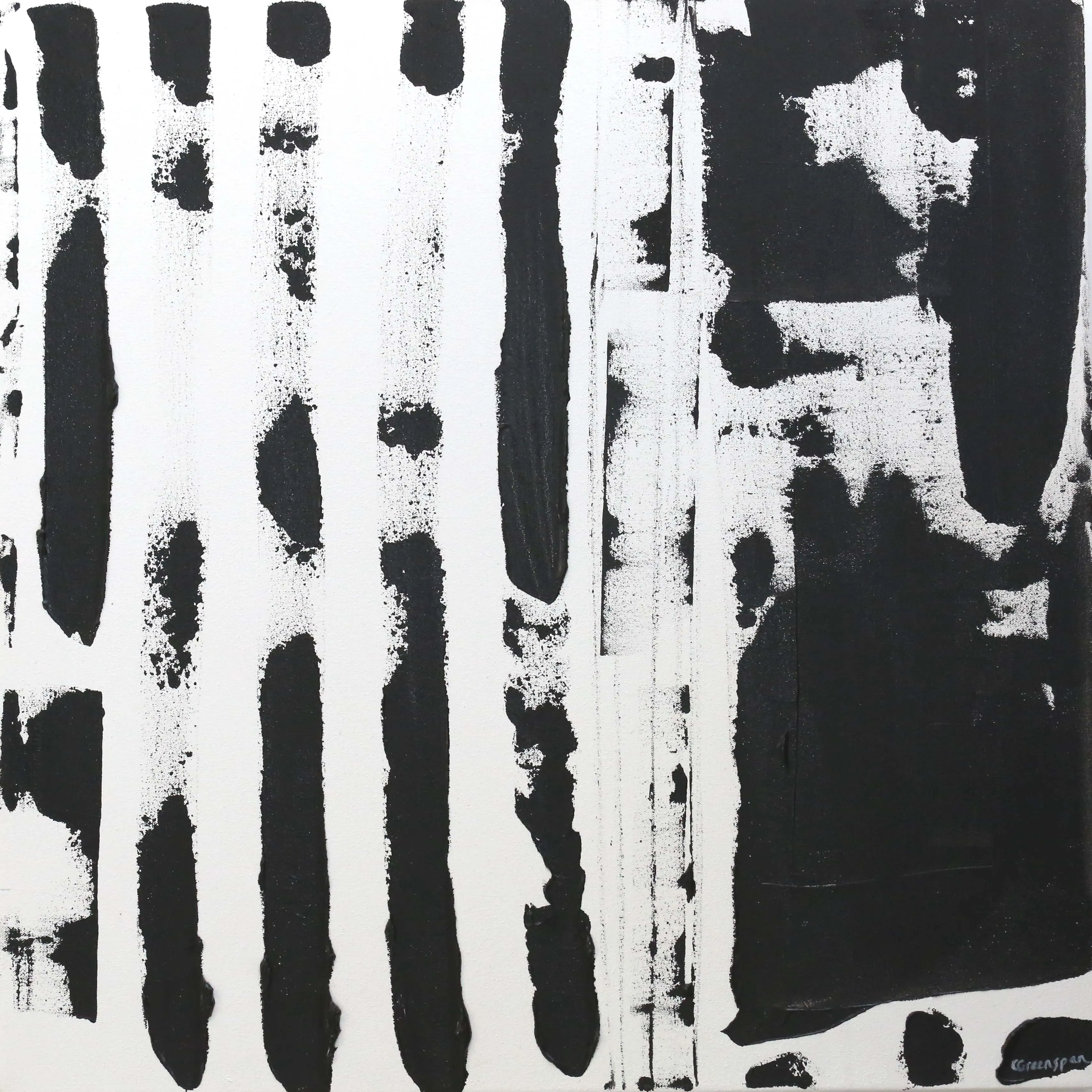 A stark black-and-white work: ragged vertical black bars march across the left while a solid mass of black gathers at the right.