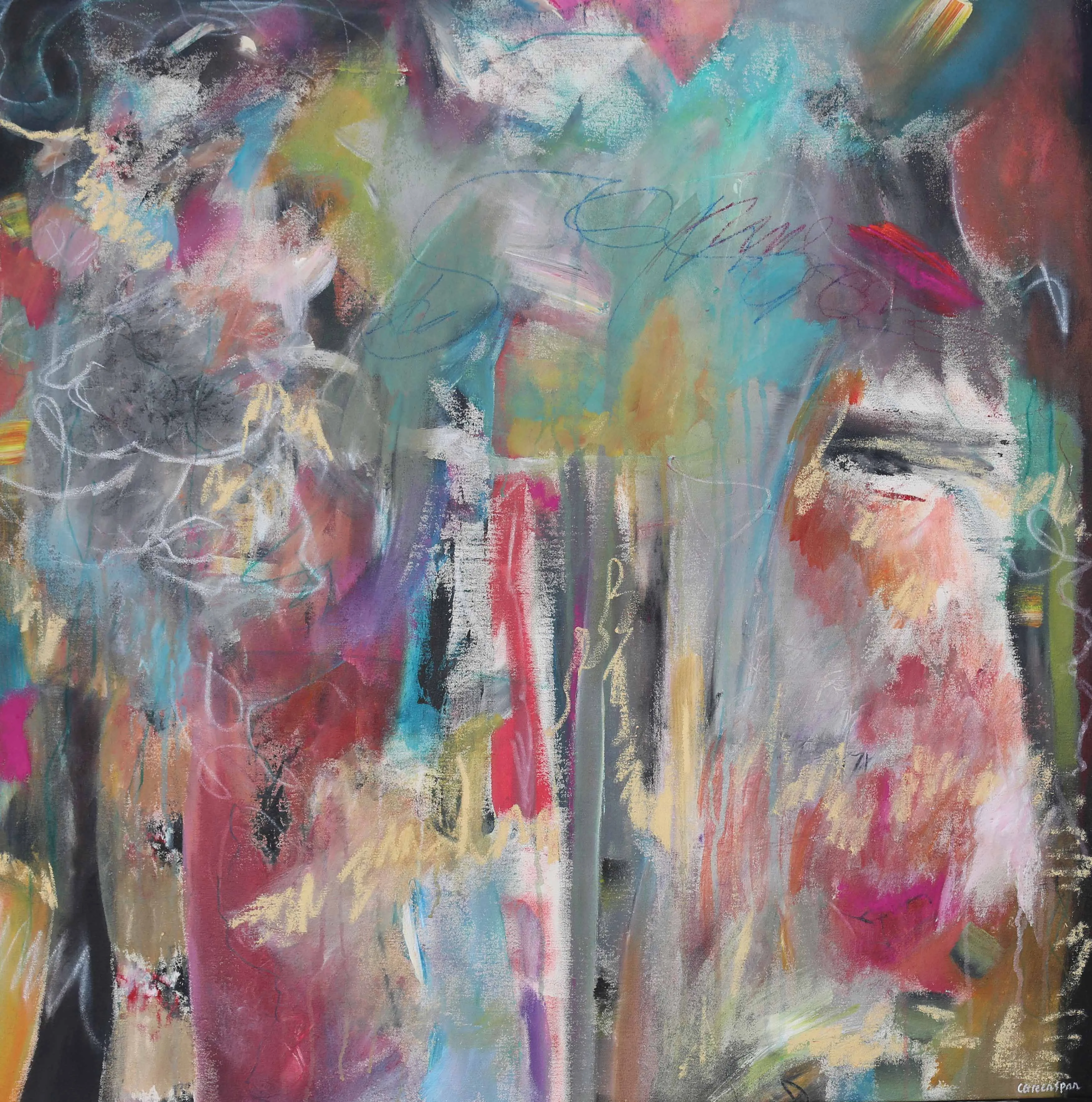 A dense, layered composition of turquoise, coral pink, ochre and charcoal, threaded with looping scribbled lines and faint script-like marks that surface and submerge across the canvas.