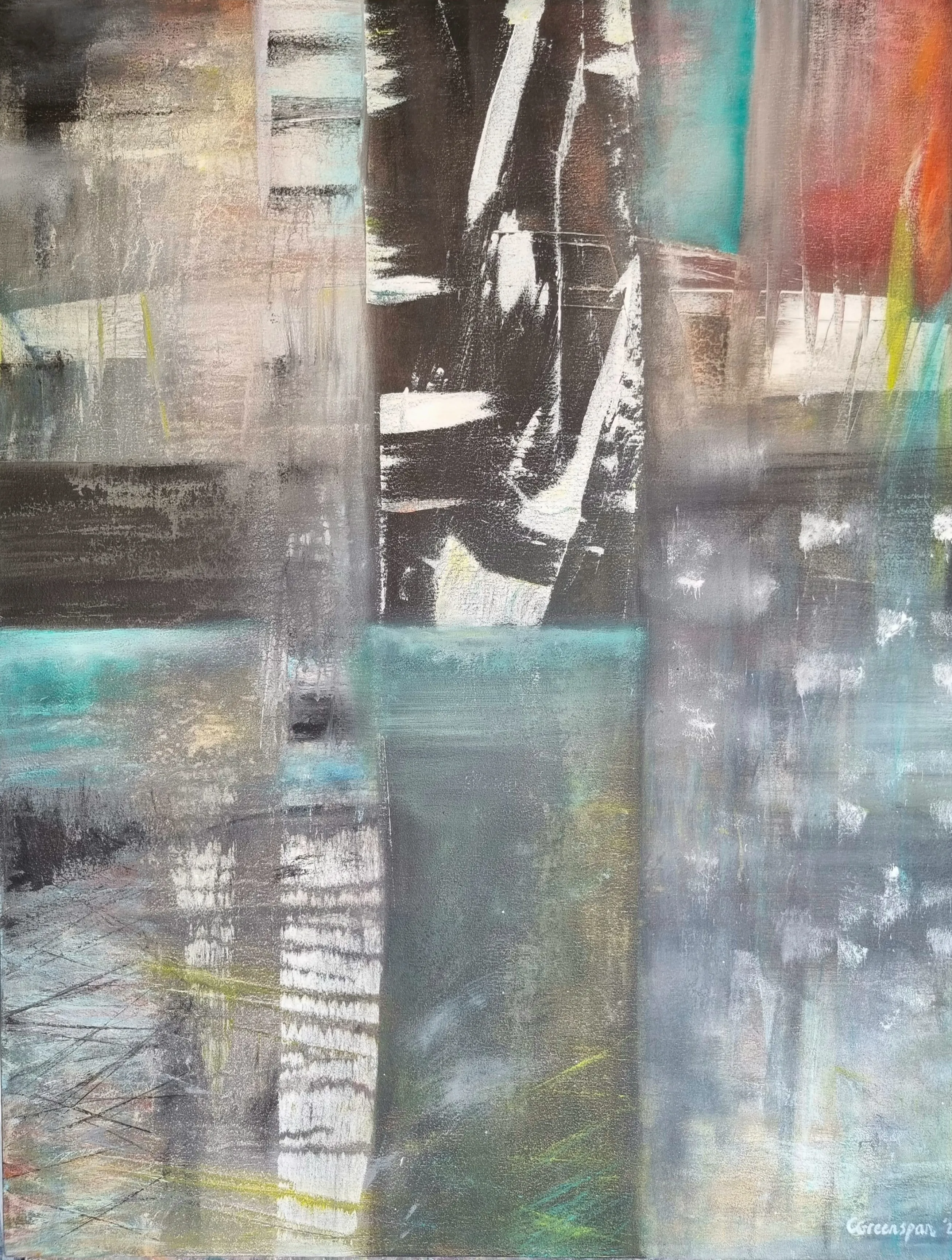 A structured grid of charcoal, taupe and teal blocks crossed by black gestural strokes and white scratches, with red and orange accents at the right and a band of turquoise.