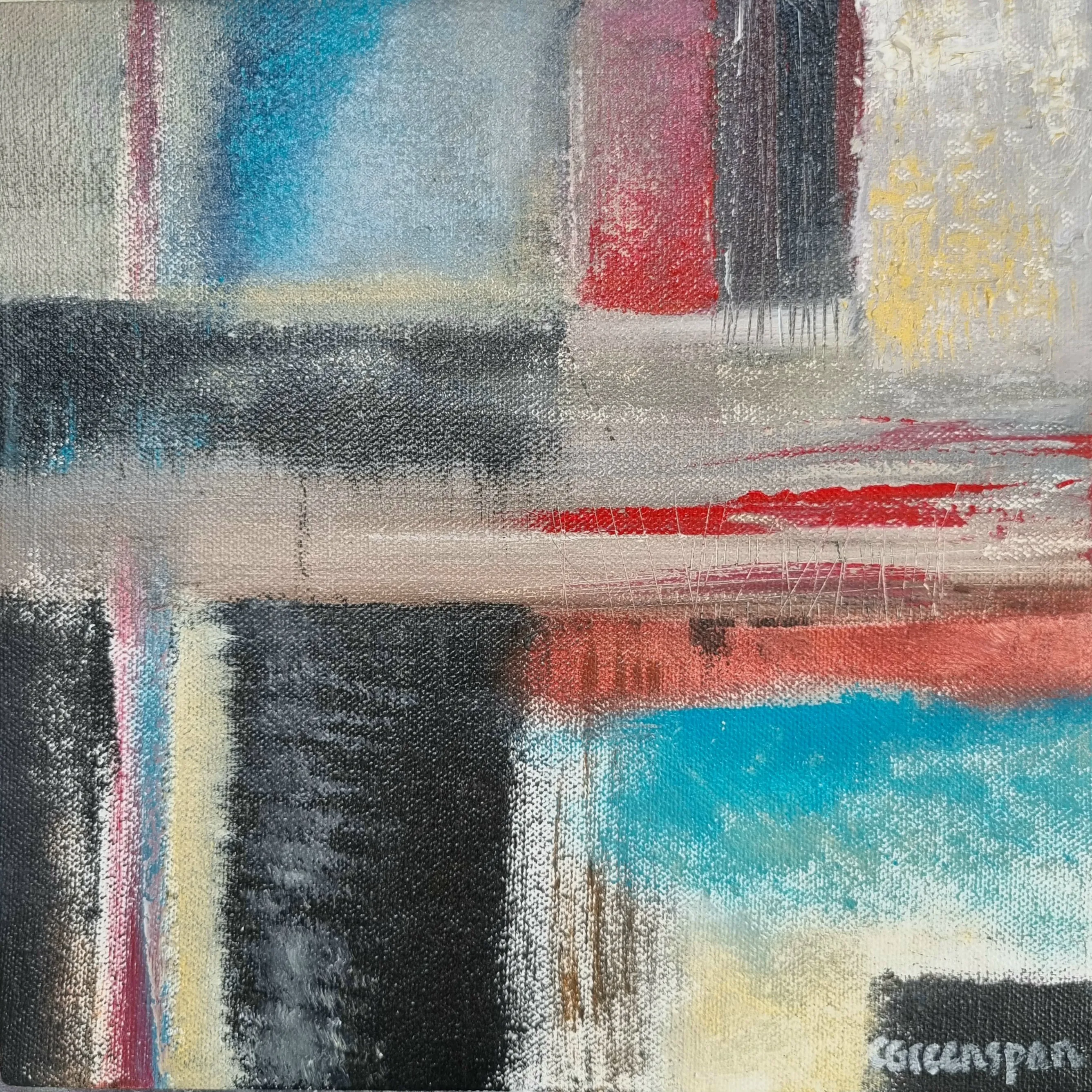 A woven crossroads of charcoal, teal-blue, red and cream blocks where horizontal and vertical bands meet, with turquoise at the lower right and small red accents.