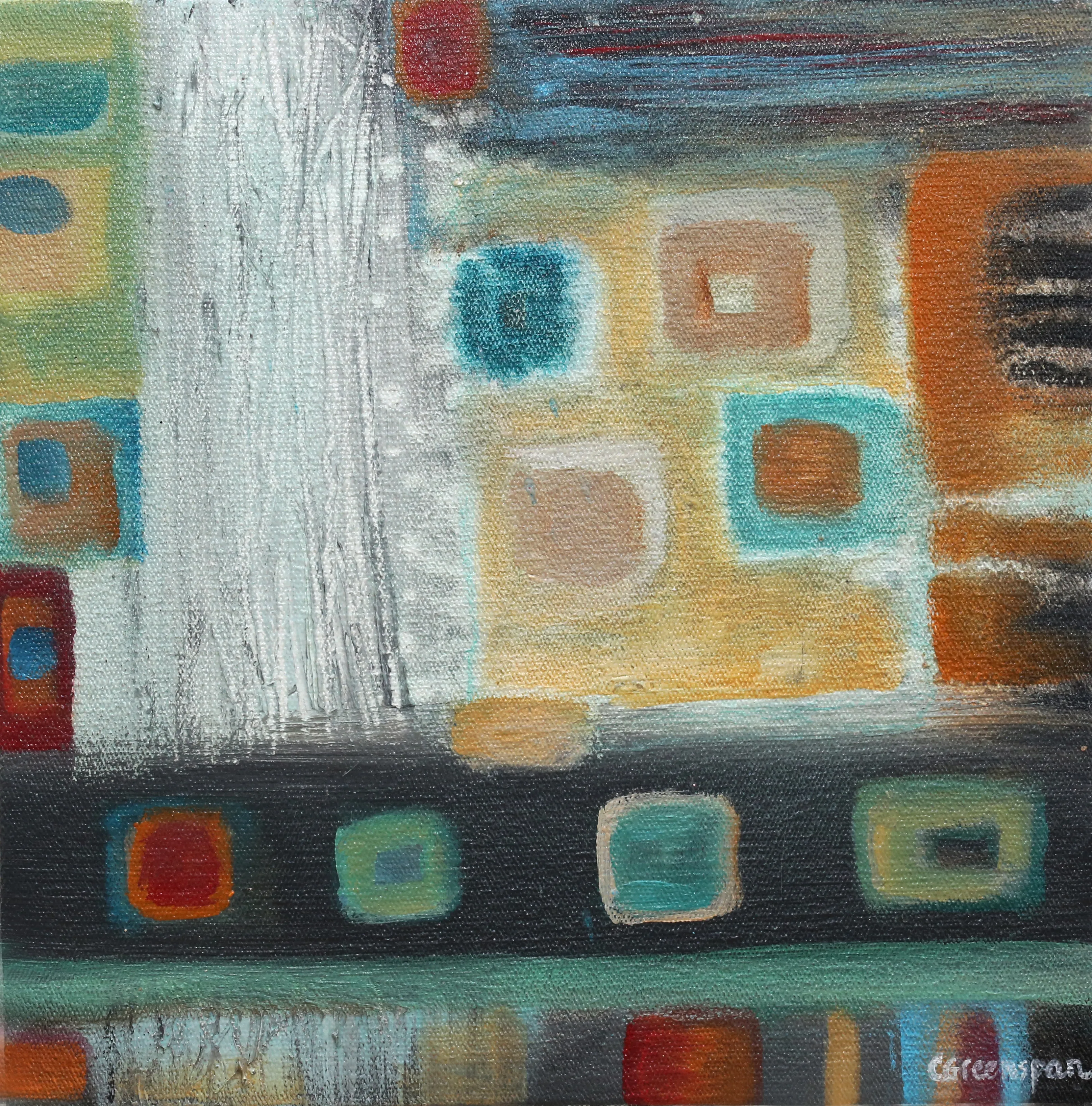 A grid of warm ochre, rust and teal squares over a silvery scraped ground, banded with charcoal, the little blocks nesting and repeating like rooms in a maze.