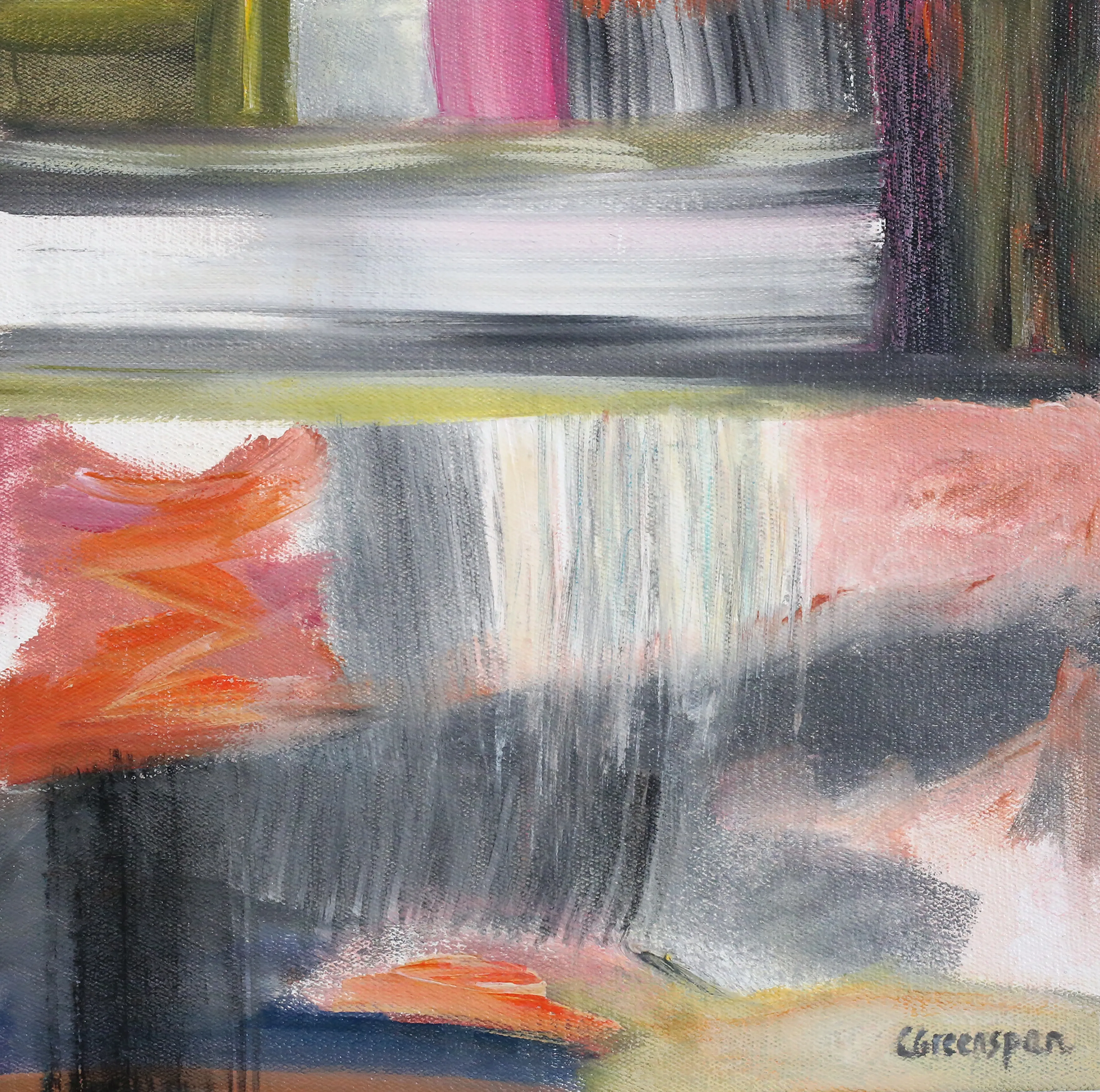 Soft horizontal bands of coral, grey and lime-green with pale drips falling through, warm pinks meeting cool greys.