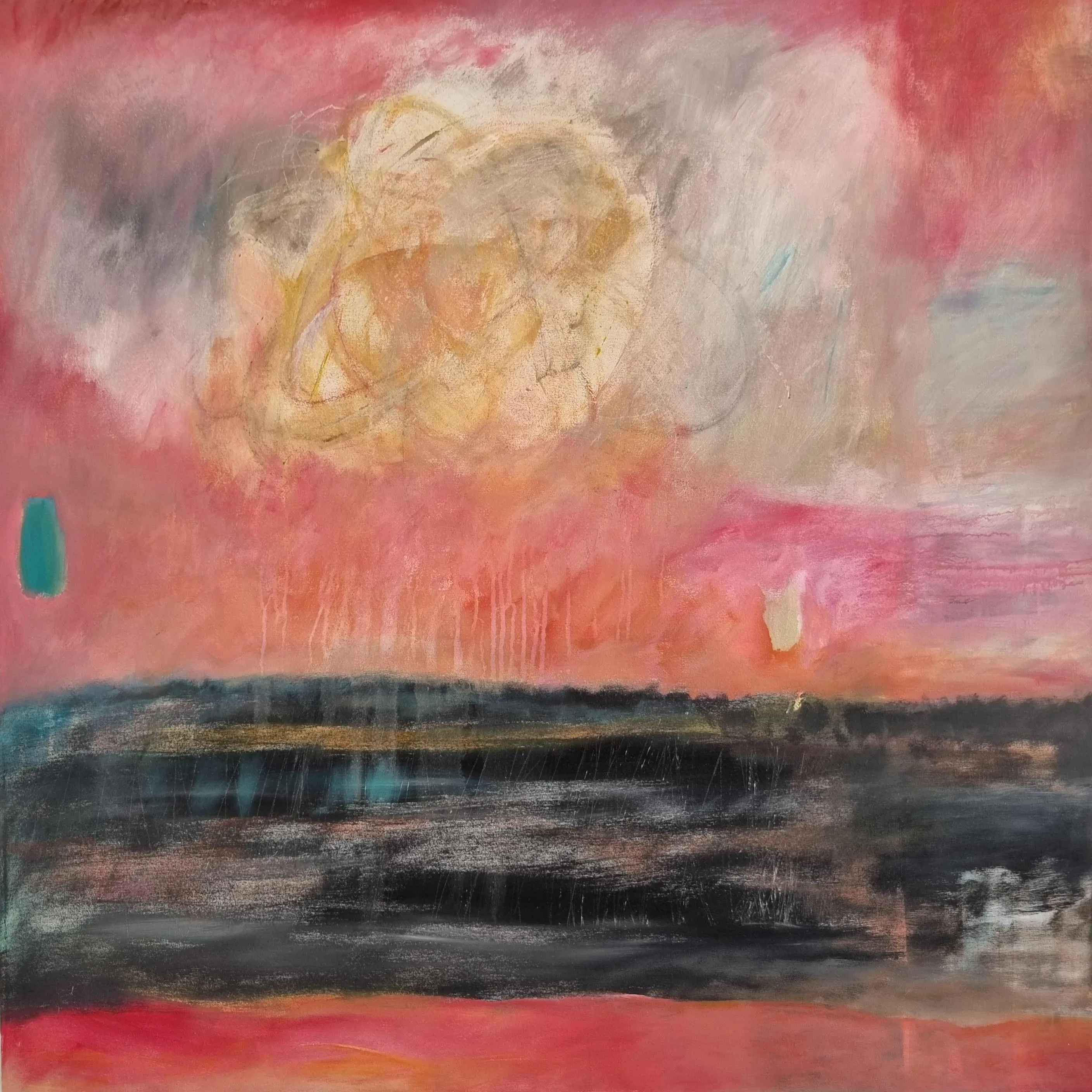 A warm coral and rose-pink field glowing around a luminous swirl of pale gold near the top, grounded by a deep charcoal horizontal band like a distant shoreline, with quiet flecks of teal.
