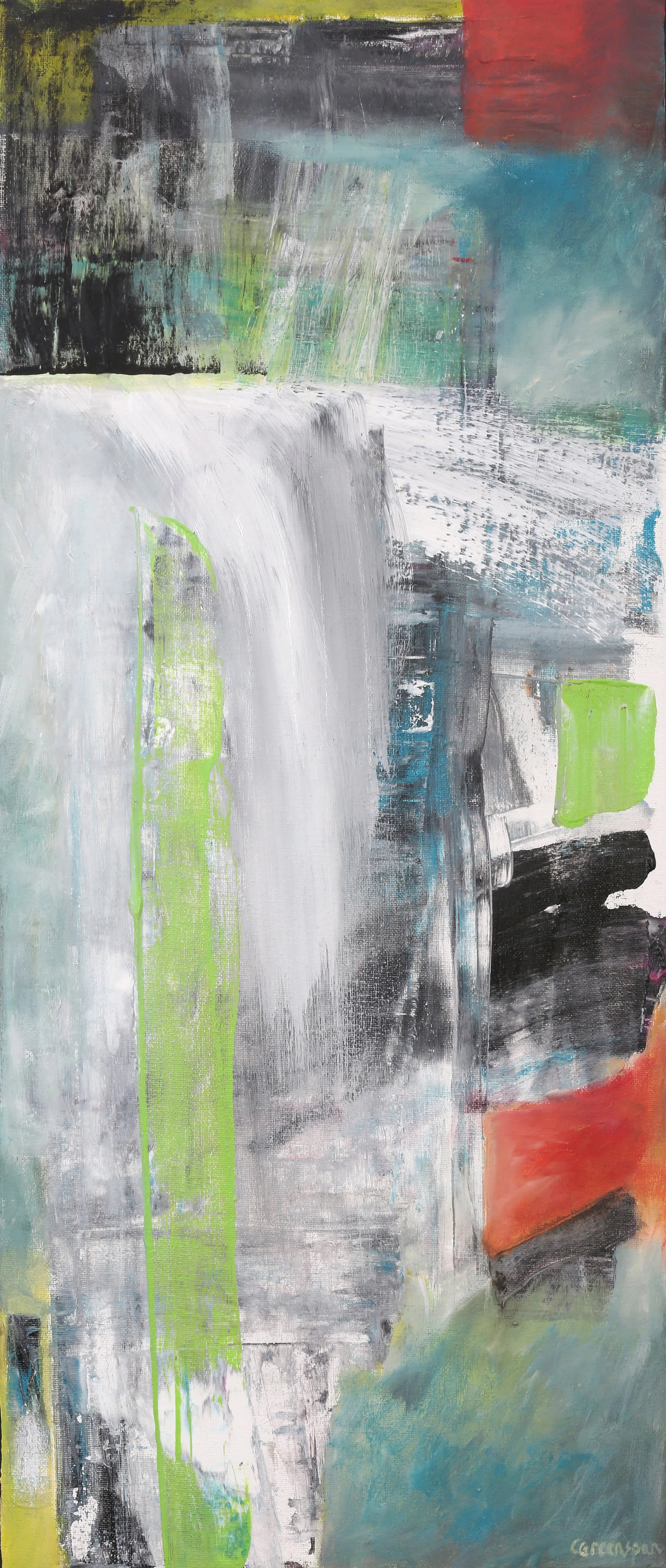 A tall panel of grey, white and teal washes with lime-green verticals and black marks, warmed by blocks of orange-red at the edges.