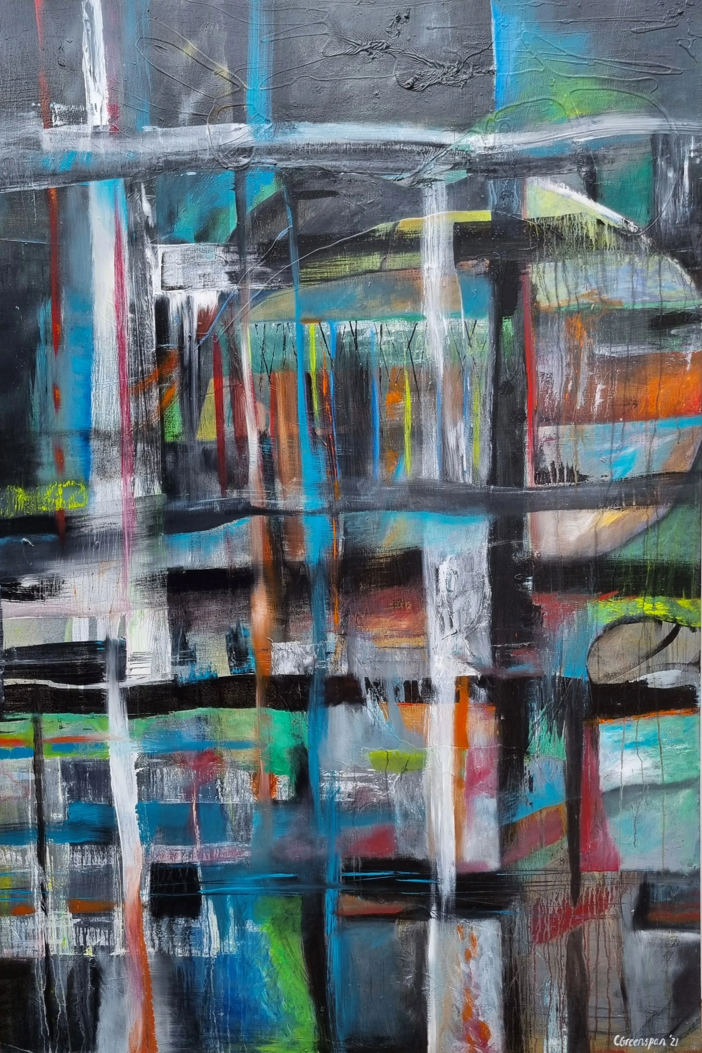 A large, dark charcoal field woven with a dense grid of vertical and horizontal strokes, with glowing patches of turquoise, orange, blue and green showing through like distant lights seen through rain at night.