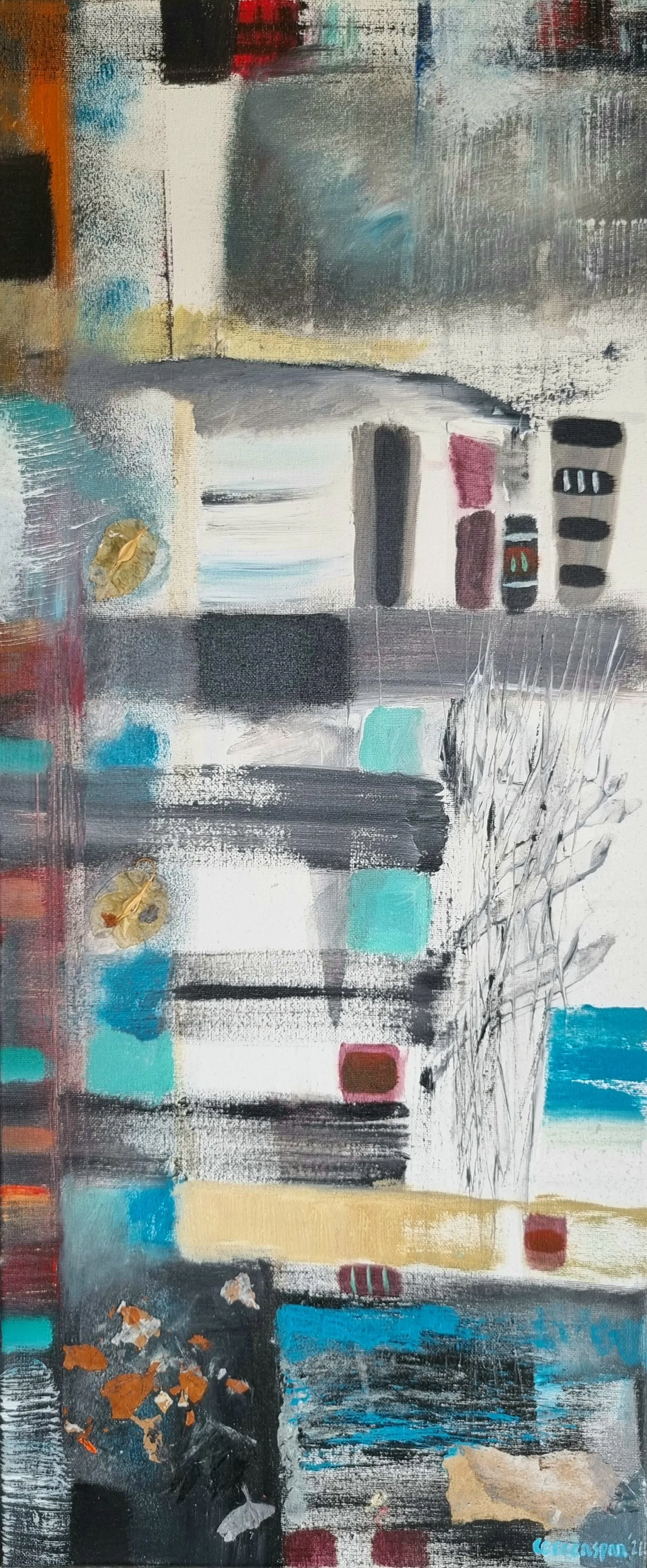 A tall, quiet panel of grey-white horizontal bands ticked with black dashes, set with teal and red blocks, ochre dabs and a delicate pencil drawing of a bare branch down the right side.