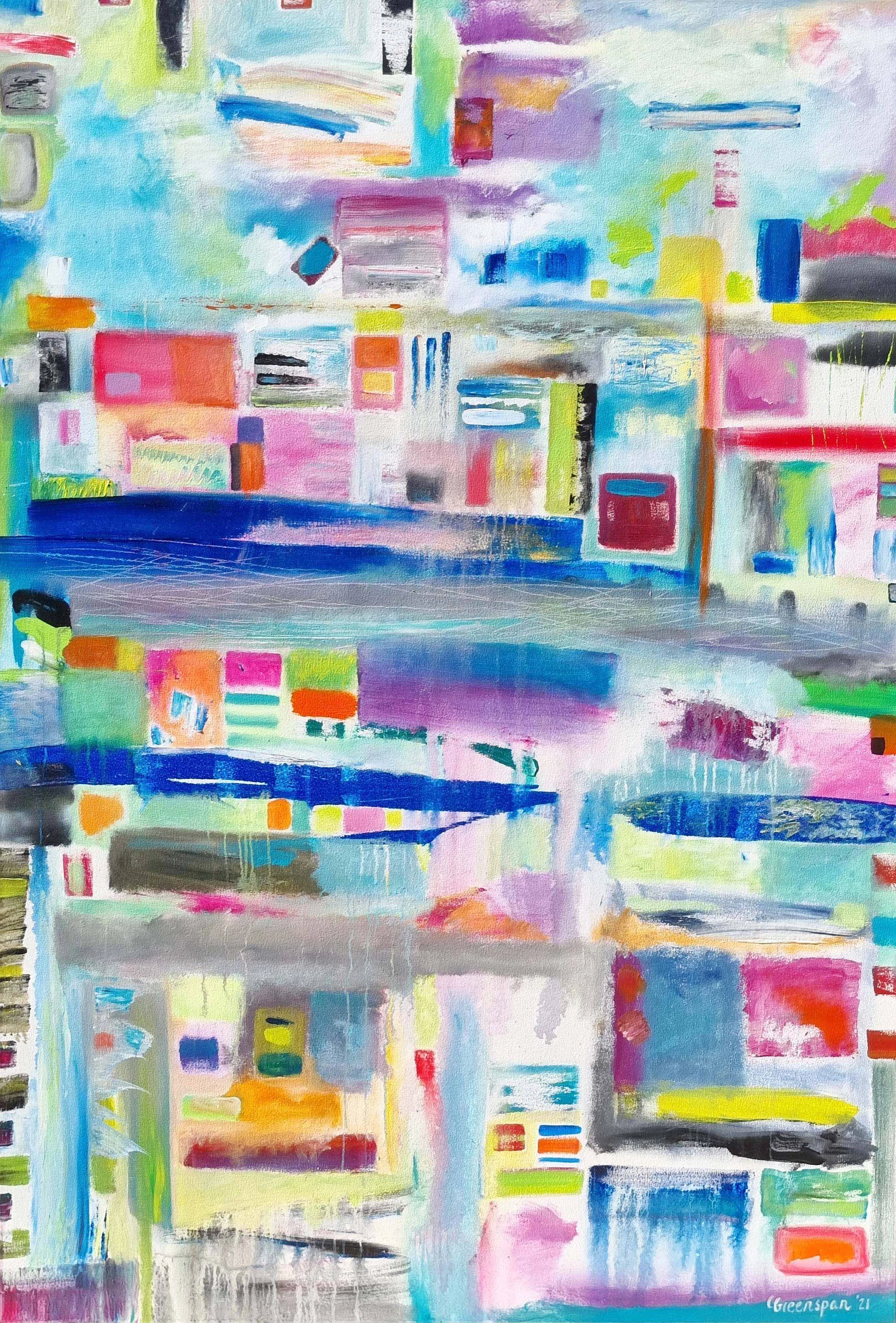 A large, luminous mosaic of small painted blocks in turquoise, pink, yellow and blue, crossed by long horizontal ribbons of deep blue, reading like a sunlit city seen from above.
