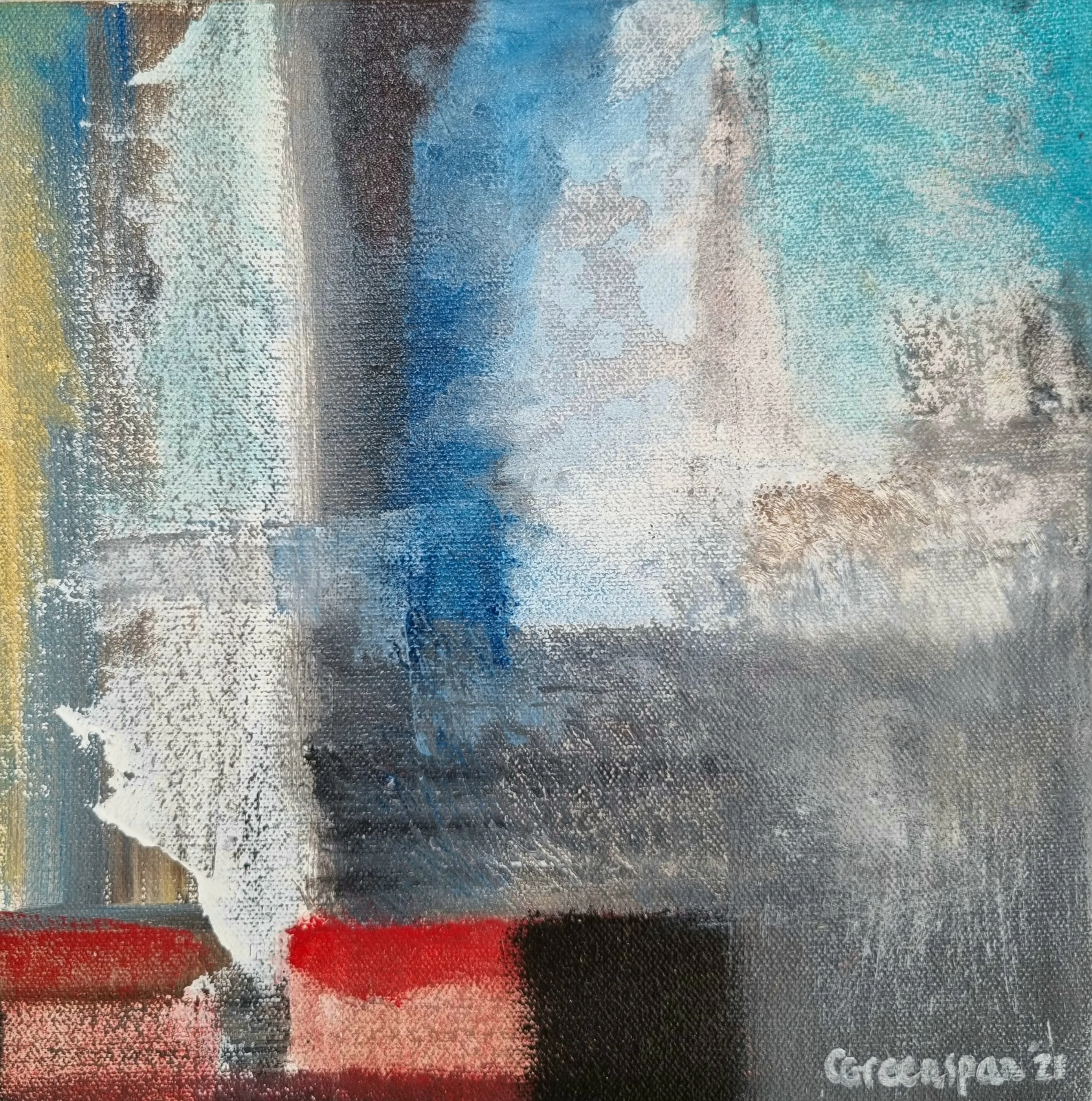 Cool washes of blue, silver and grey falling in soft vertical curtains, grounded by a band of red and black along the bottom edge - weather and earth meeting.