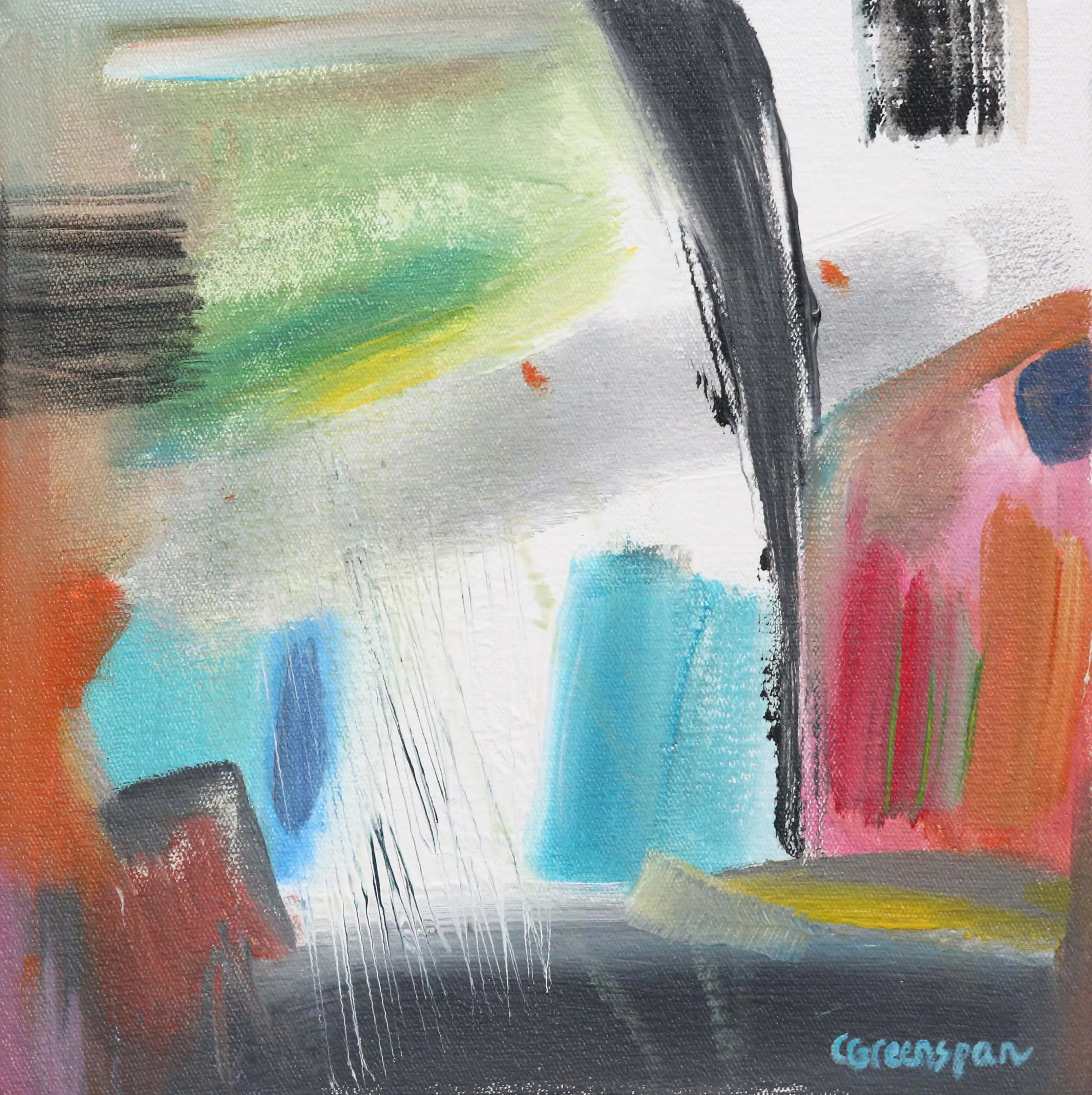 A white and grey field crossed by a bold black brushstroke, with blocks of turquoise, lime, coral and navy gathering along the way.