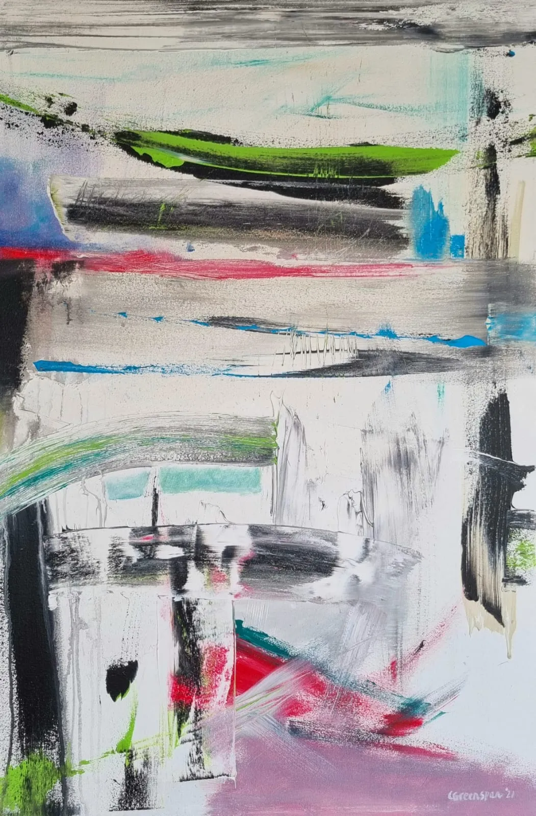 A pale, scraped, horizontal landscape of greys and whites layered like sediment, threaded with thin ribbons of green, red, blue and turquoise that flicker across the quiet surface.