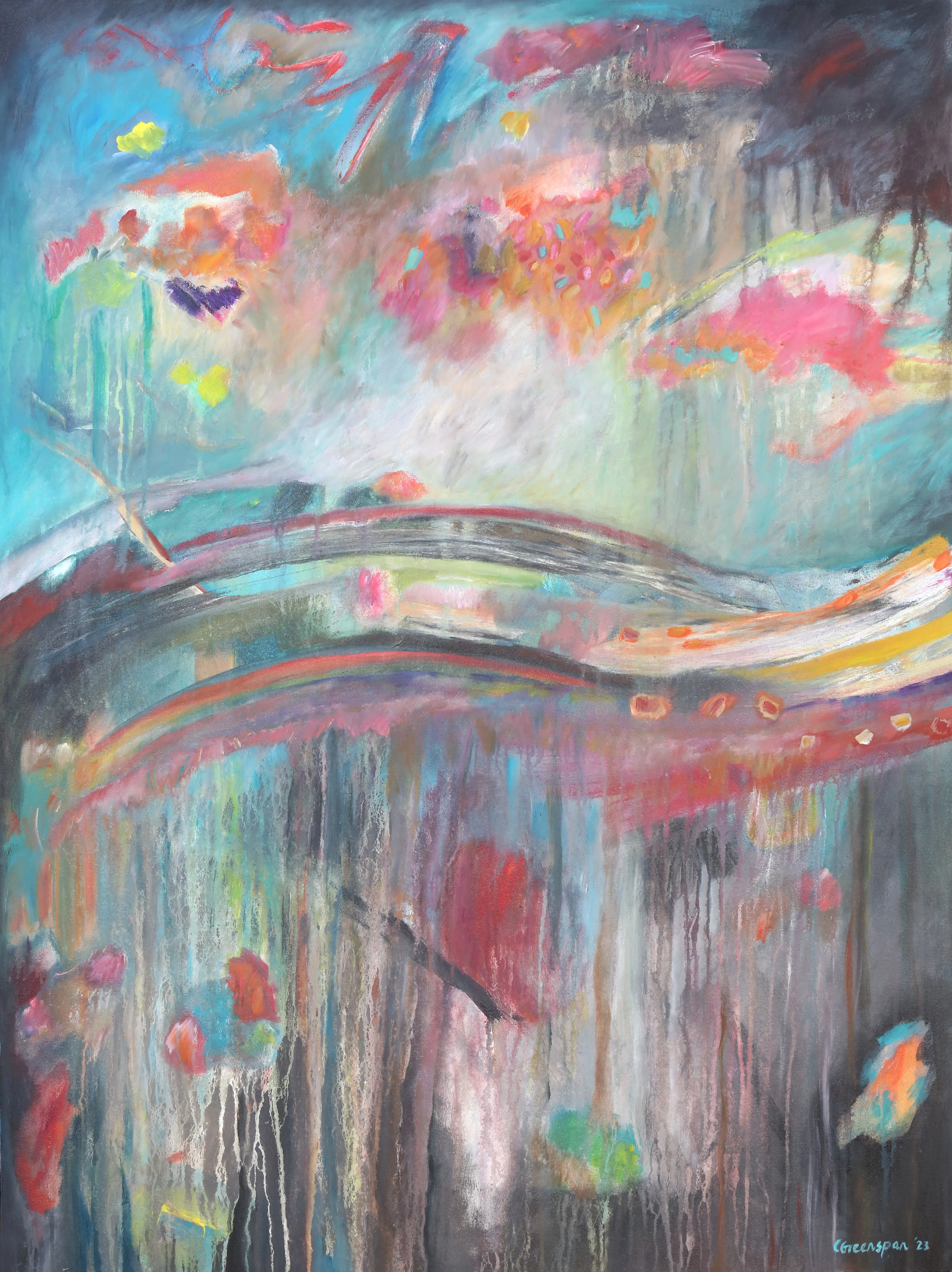 A turquoise sky strewn with pink blossoms above a sweeping ribbon of rust and cream, the lower half dripping into blue-grey and dotted with small red and pink marks.