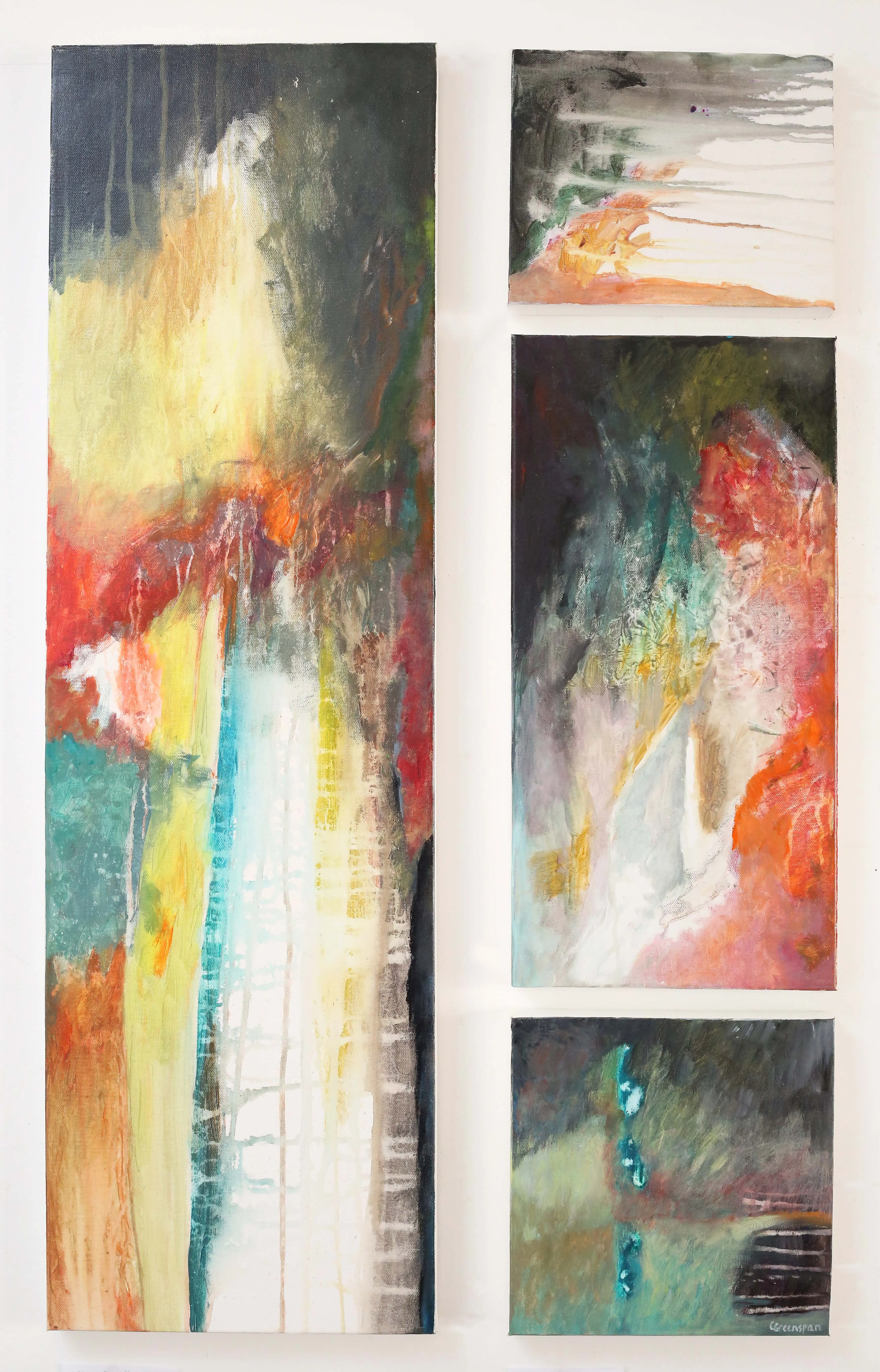 A multi-panel work - a tall narrow panel beside three stacked smaller ones - united by warm reds, golden yellows and turquoise streaming downward over dark, smoky grounds, like light falling through a series of doorways.