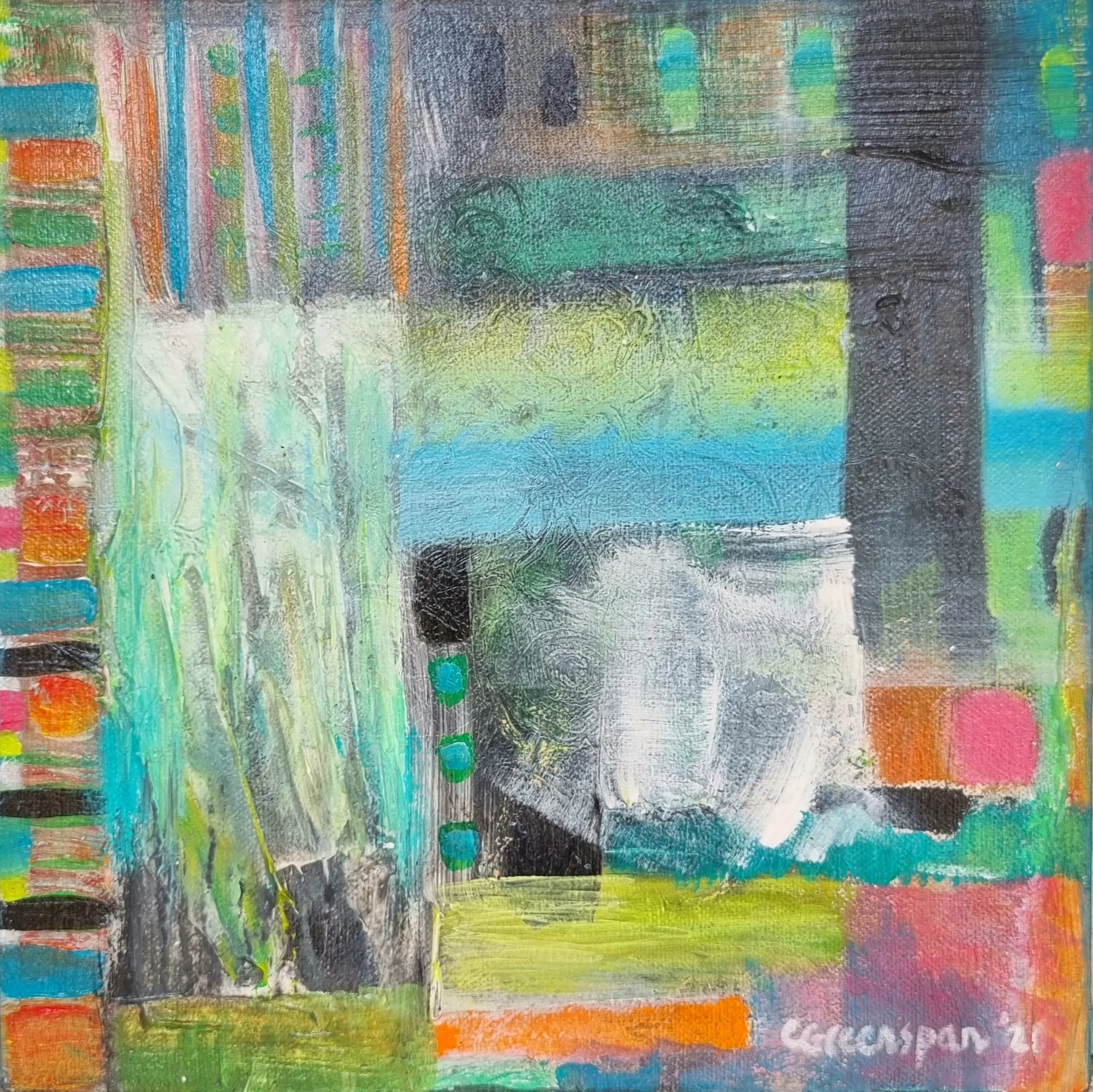 A quilt-like grid of soft greens, teals and blues, edged on the left by a striped column of pink, orange and blue squares, with charcoal blocks at the upper right.