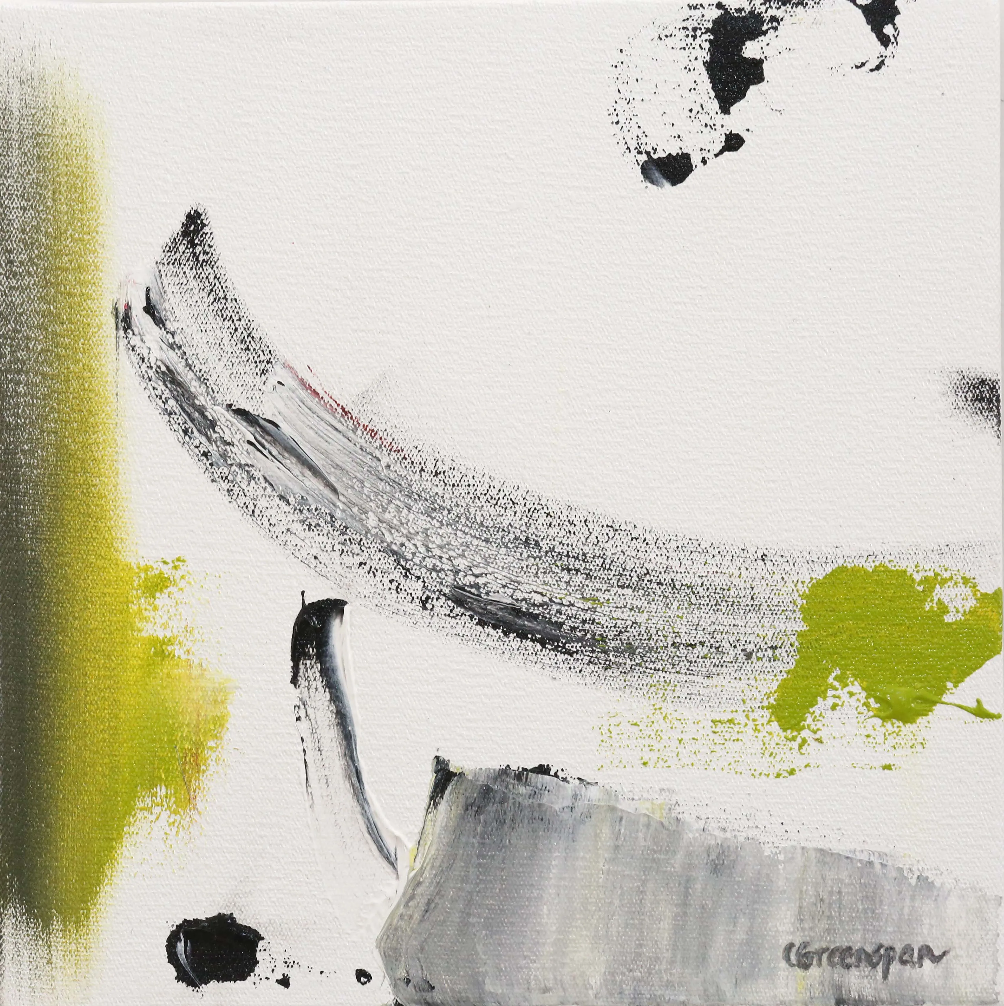 A white ground swept by a single grey-black calligraphic arc, anchored by a soft block of grey and quick accents of lime green.
