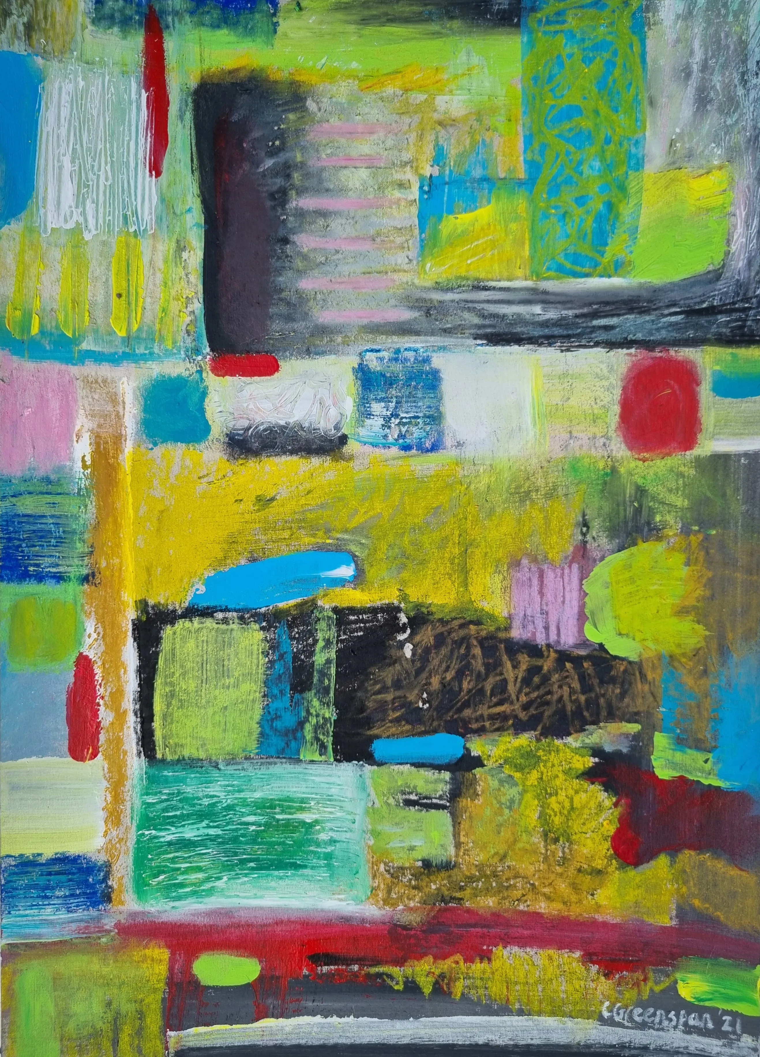 A cheerful grid of blue, yellow, lime, pink and red blocks with a black band of ochre across the centre, dotted with turquoise and small red marks.