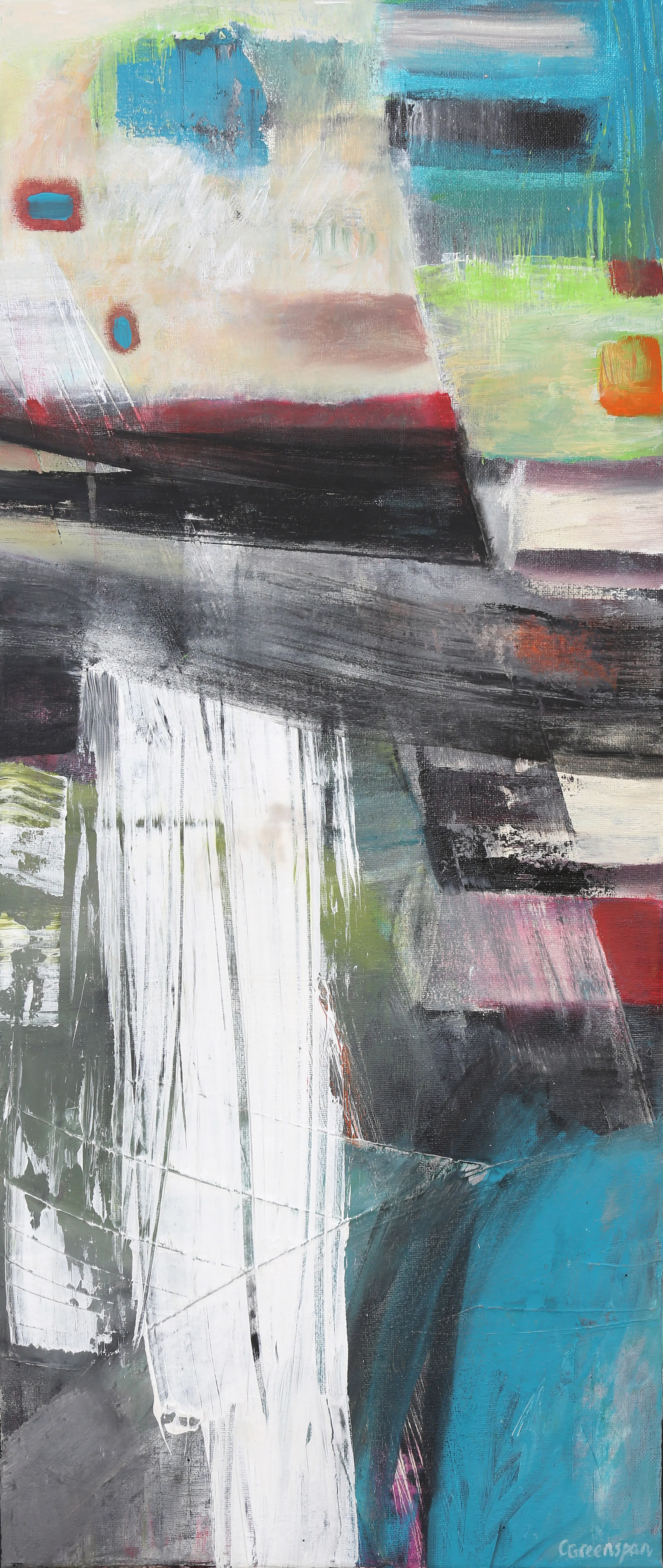A tall layered panel of teal, black and white with red and ochre blocks, scraped and built up so the colours shift and turn against one another.