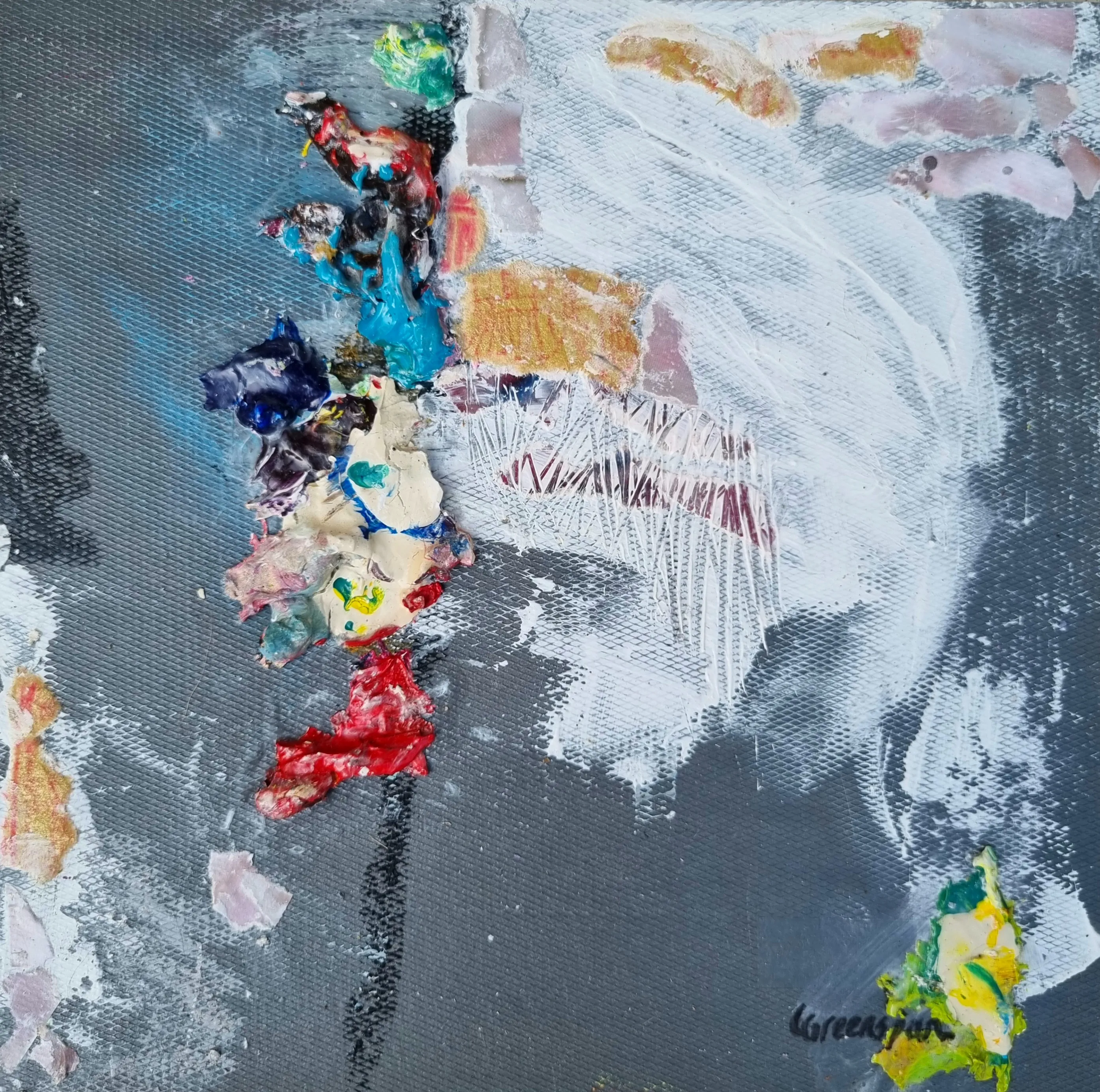 A grey ground with thick impasto blobs of blue, red, cream and yellow clustered at the centre-left like a loaded palette, and a white dry-brushed wing-shape sweeping to the right.