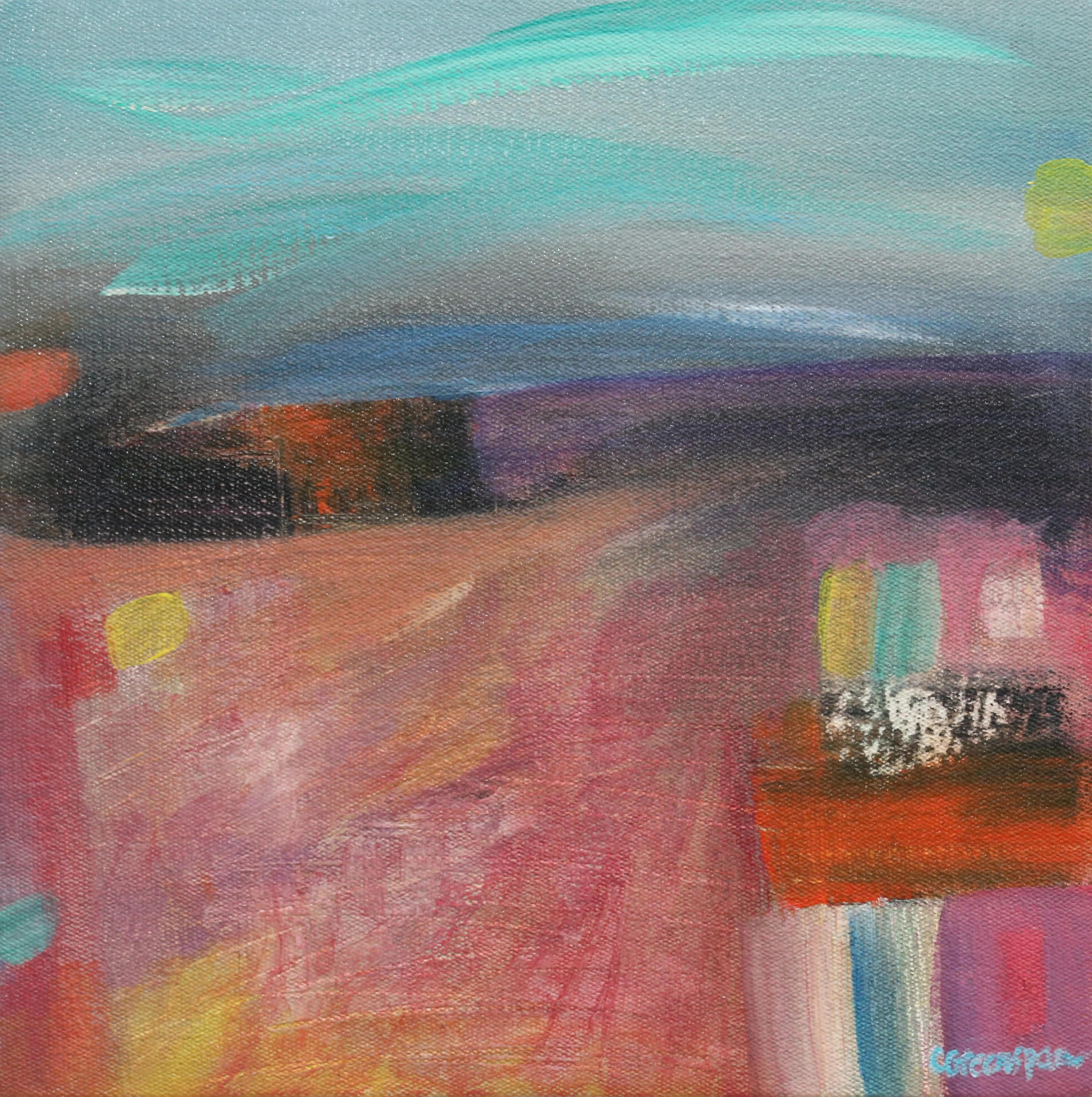 A small landscape: a band of turquoise sky above a dark horizon, a rose-pink foreground field dotted with yellow, and a column of teal and orange marks at the right.