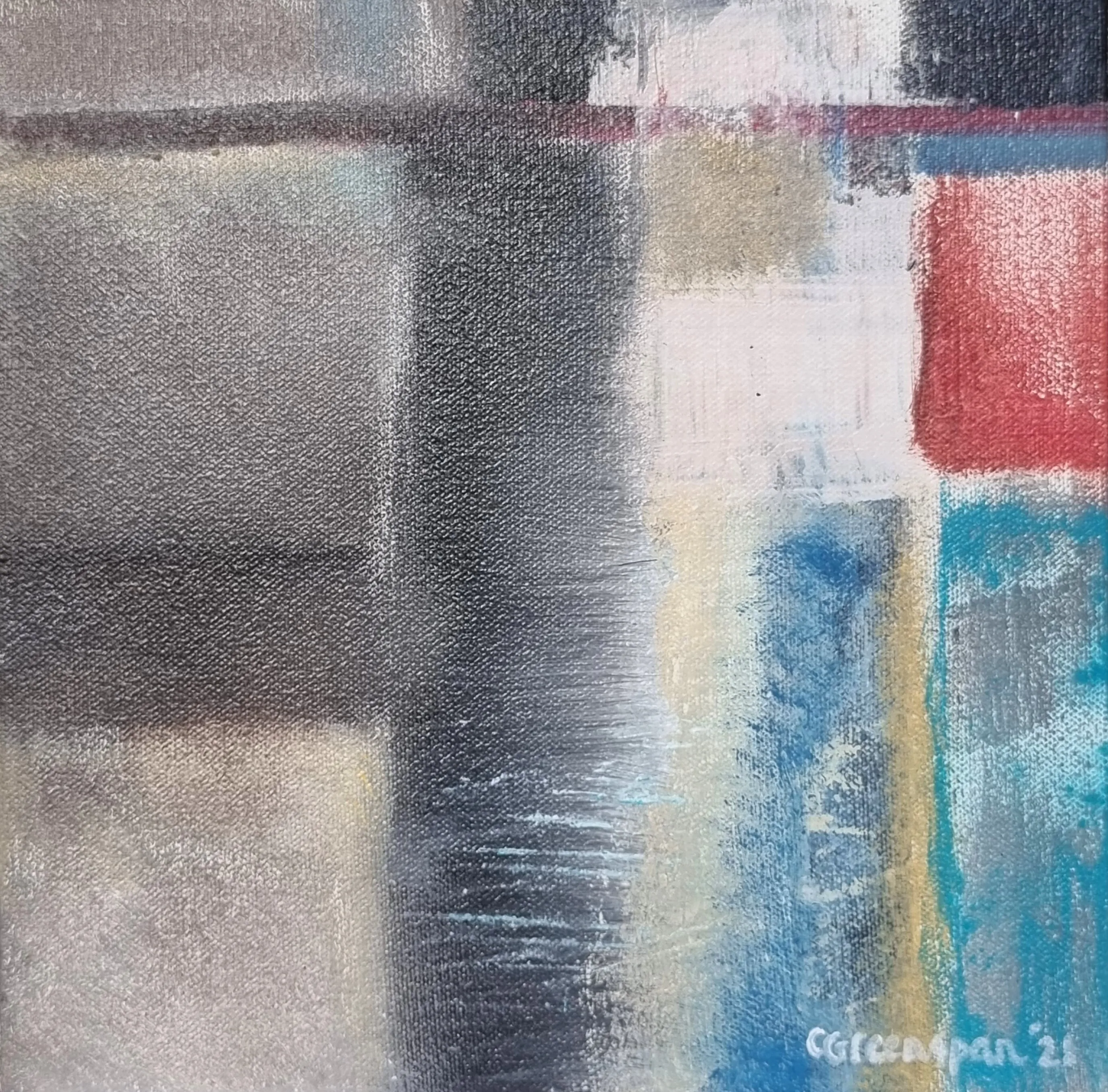Muted grey-taupe blocks around a dark vertical band at the centre, with turquoise at the lower left, a red square at the upper right and quiet passages of soft blue.